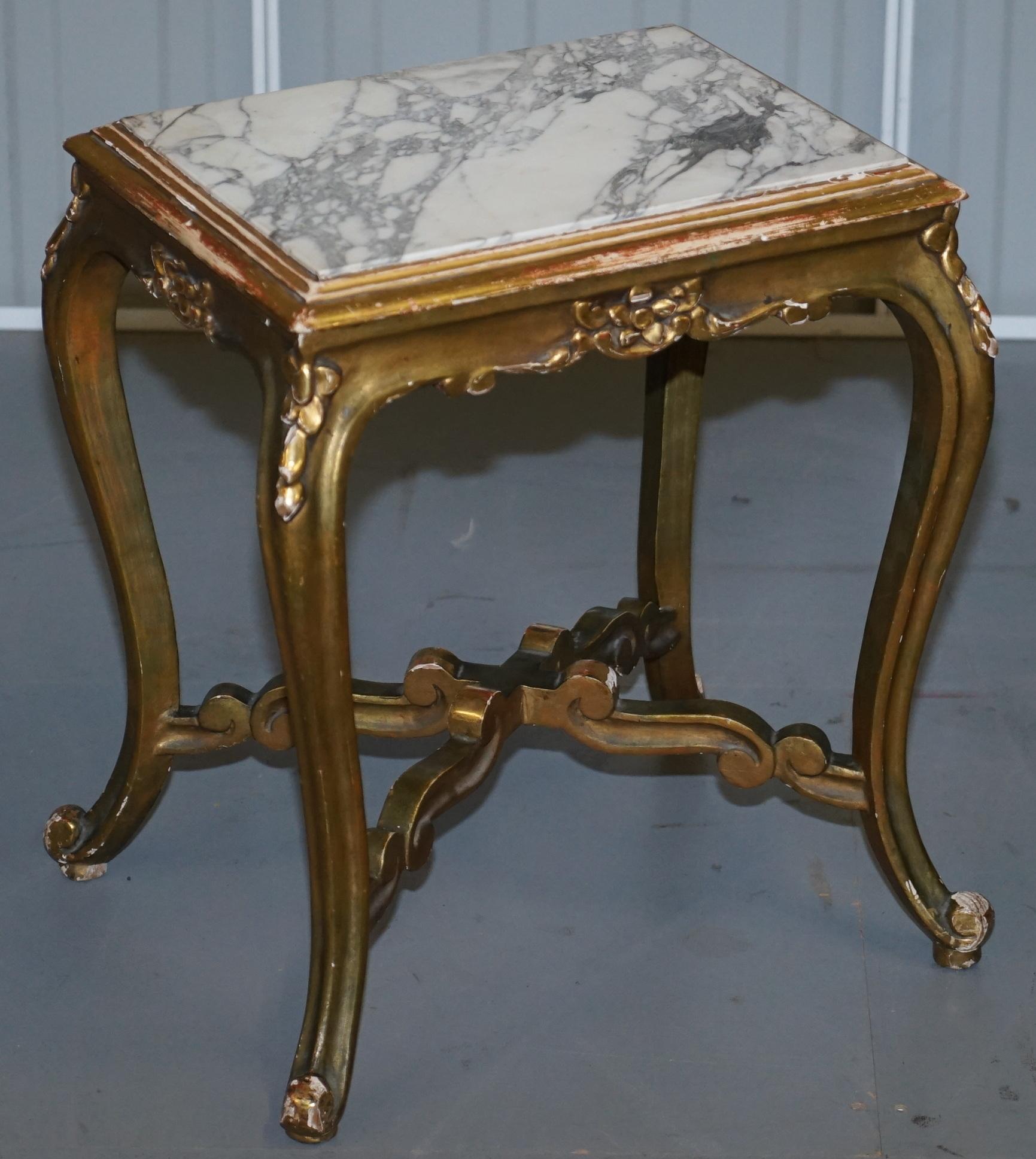 We are delighted to offer for sale this lovely original pair of circa 1860 Napoleon III gold giltwood, marble topped, side tables

A totally original pair, the hardwood frames have been nicely gold gilt, they have aged and worn as you would expect