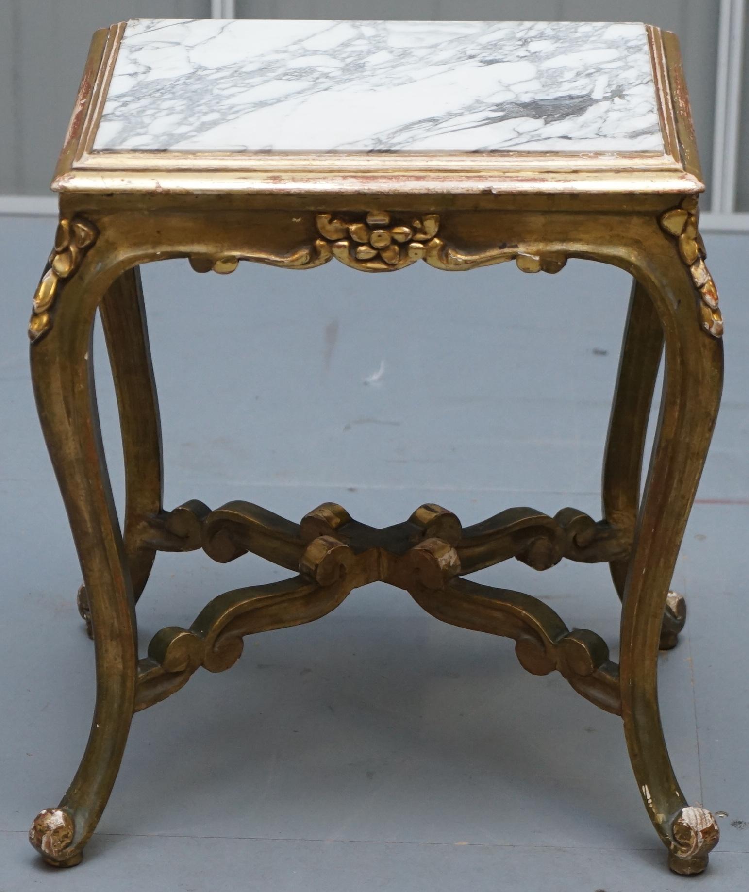 Hand-Crafted Pair of French circa 1860 Napoleon III Gold Giltwood Marble Topped Side Tables For Sale