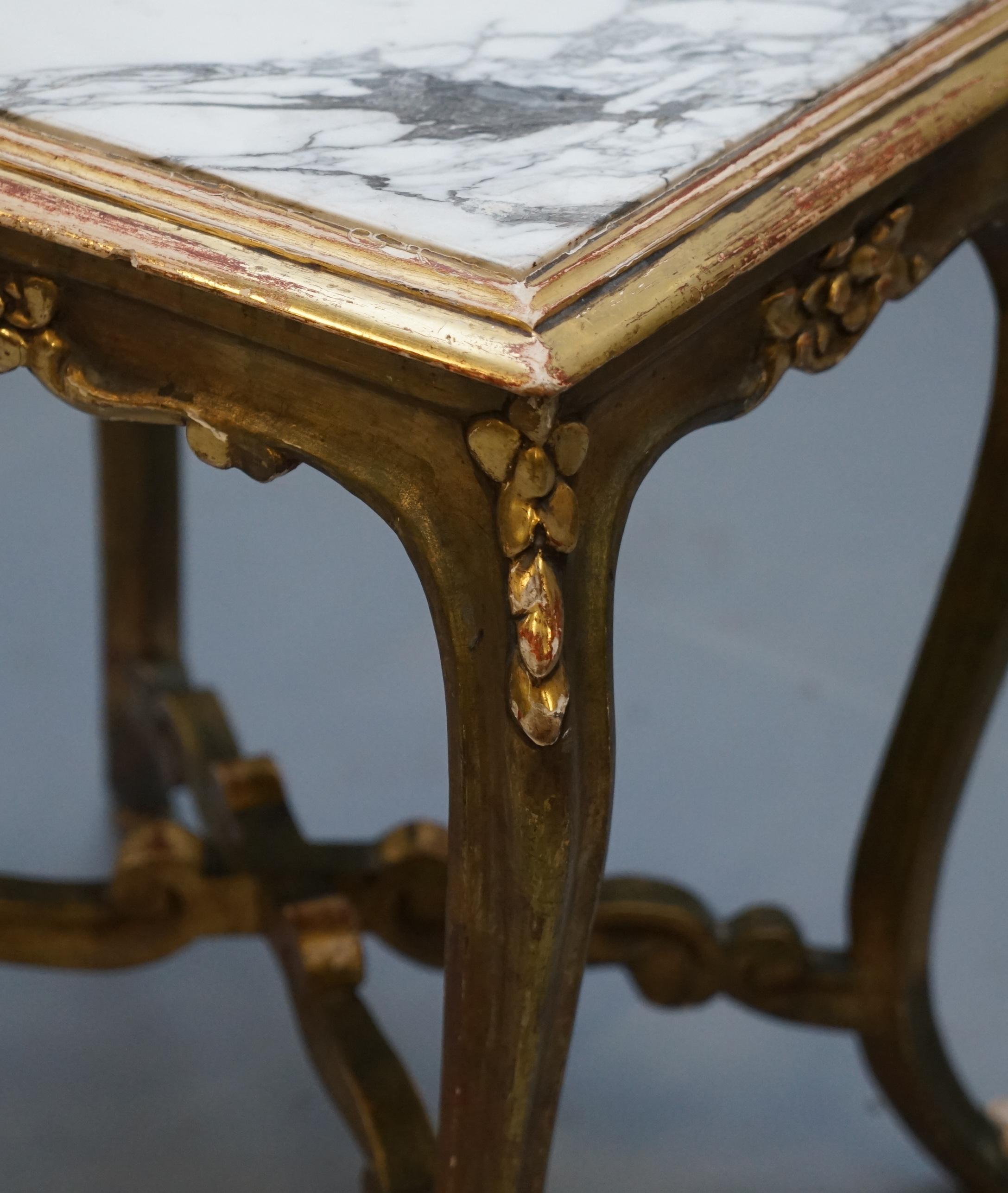 Pair of French circa 1860 Napoleon III Gold Giltwood Marble Topped Side Tables For Sale 3