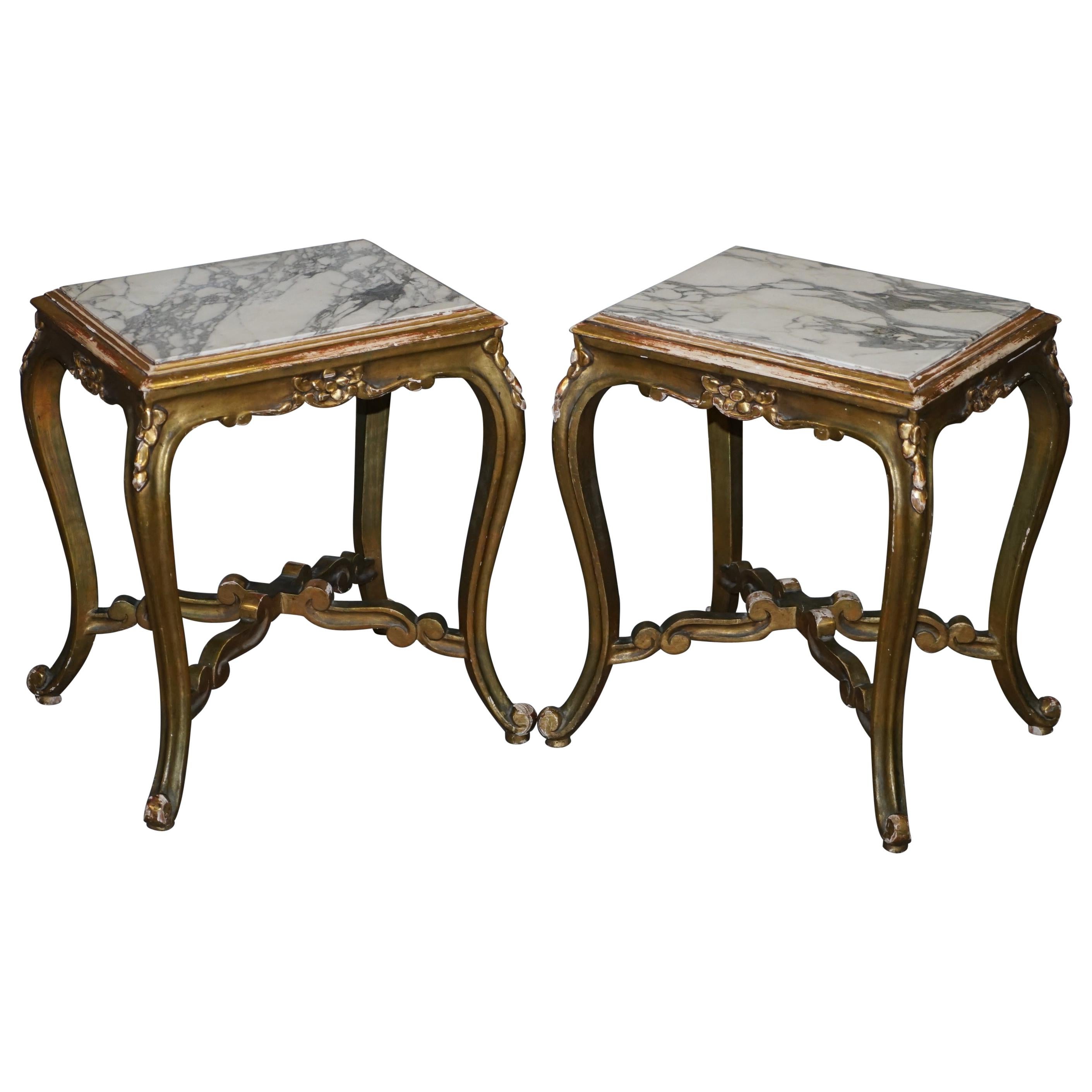 Pair of French circa 1860 Napoleon III Gold Giltwood Marble Topped Side Tables For Sale