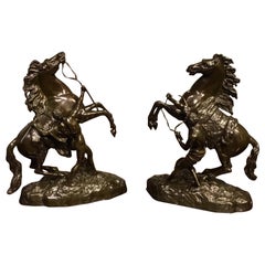 Pair of French Classical 19th Century Bronze Marley Horses after Coustou