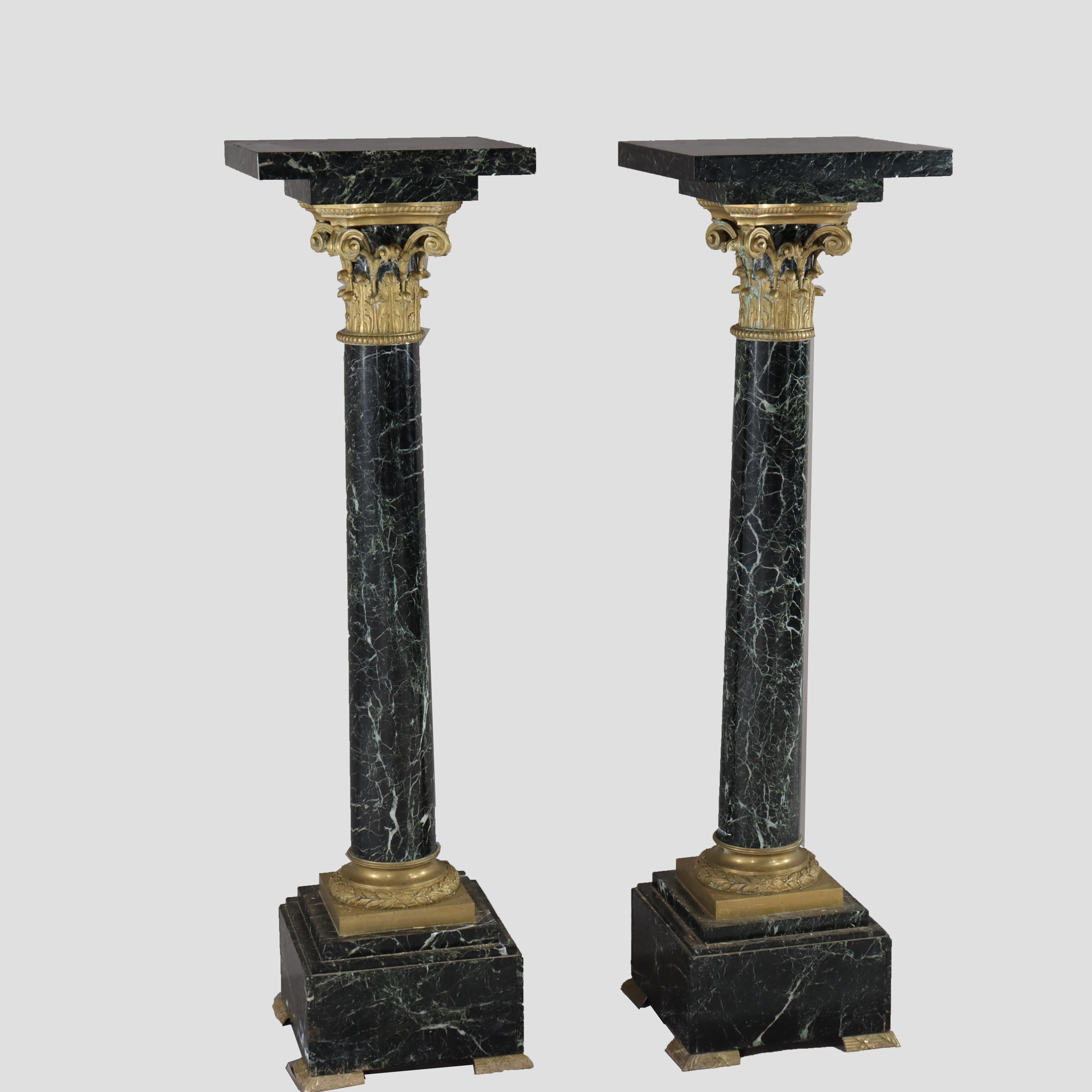 ***Reduced In-House Delivery Rates - Click on “Ask Seller” to Request a Quote***
Pair Of French Classical Black Marble Sculpture Pedestals With Ormolu Unsigned 20thC.    
Measures - 48 1/2