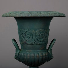 Pair of French Classical Painted Cast Iron Garden Urns with Plinths 20th Century
