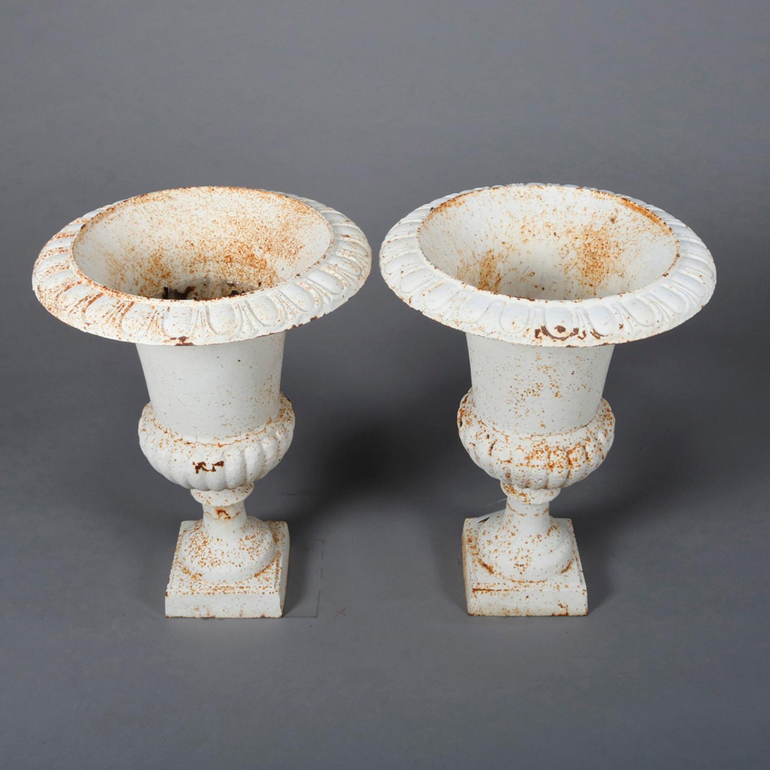 Neoclassical Pair of French Classical Painted Cast Iron Garden Urns with Plinths 20th Century
