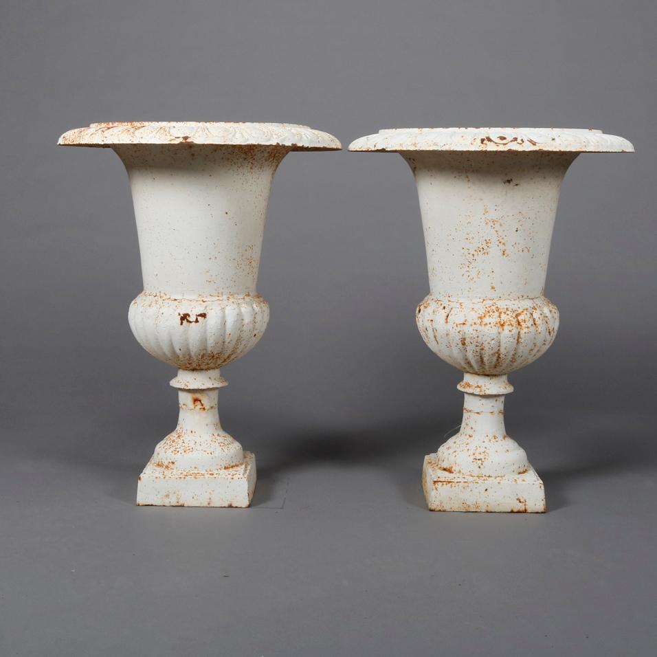 Pair of French Classical Painted Cast Iron Garden Urns with Plinths 20th Century In Good Condition In Big Flats, NY