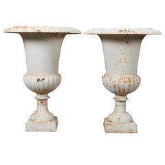 Pair of French Classical Painted Cast Iron Garden Urns with Plinths 20th Century