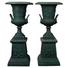 Vintage Pair of French Classical Painted Cast Iron Garden Urns with Plinths 20th Century