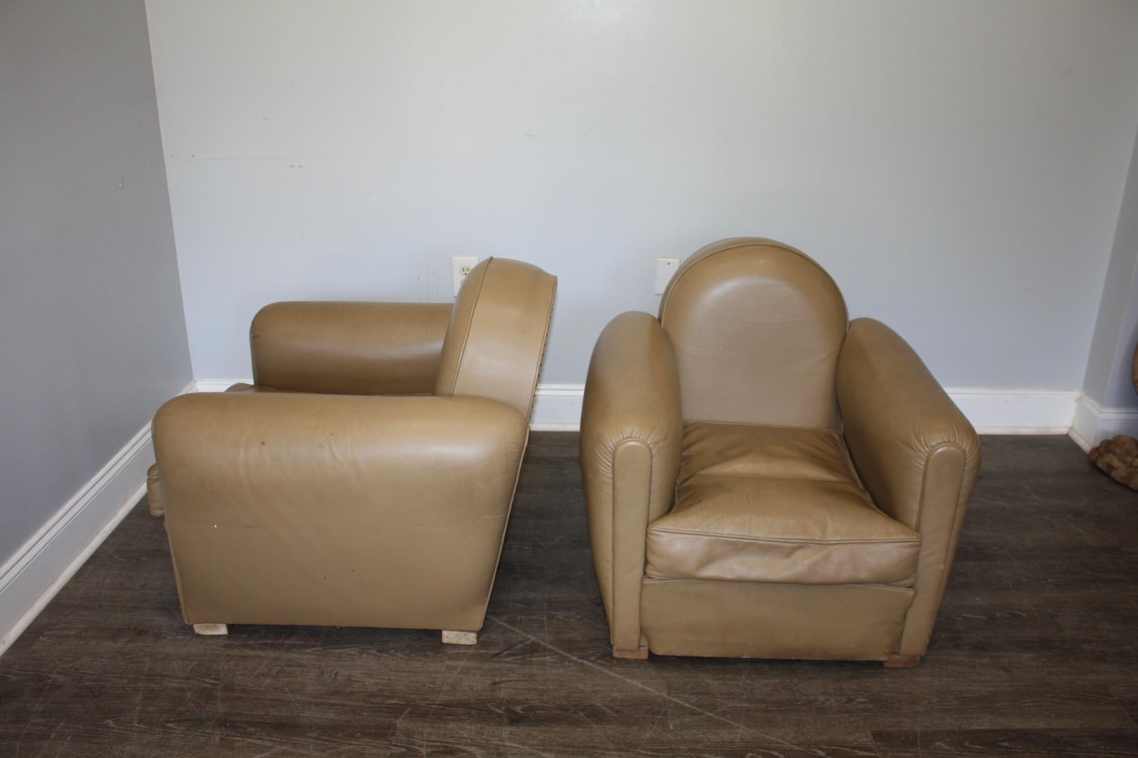 Leather Pair of French Club Chairs For Sale