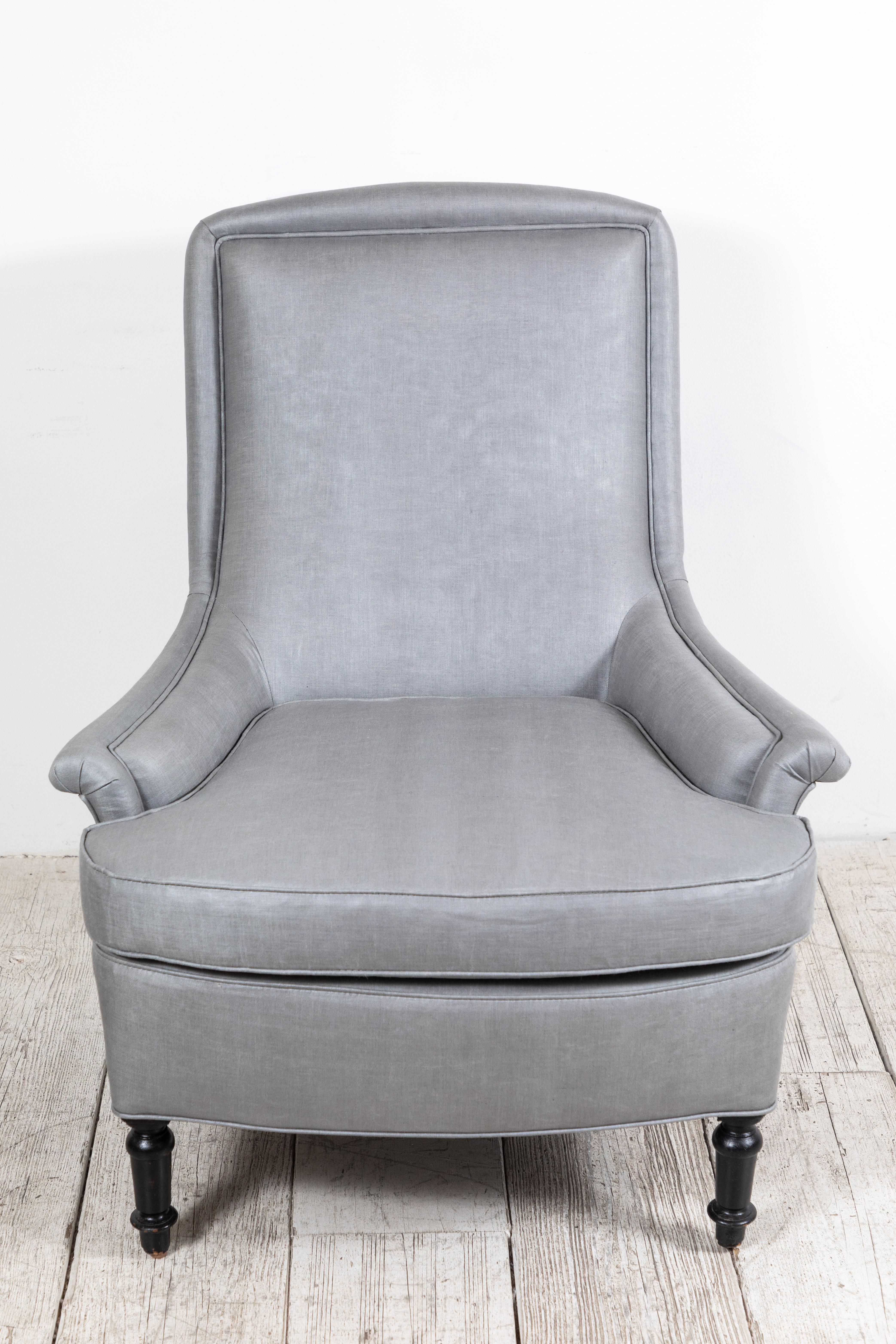 Pair of French Club Chairs Upholstered in Grey Beetled Linen Fabric 1