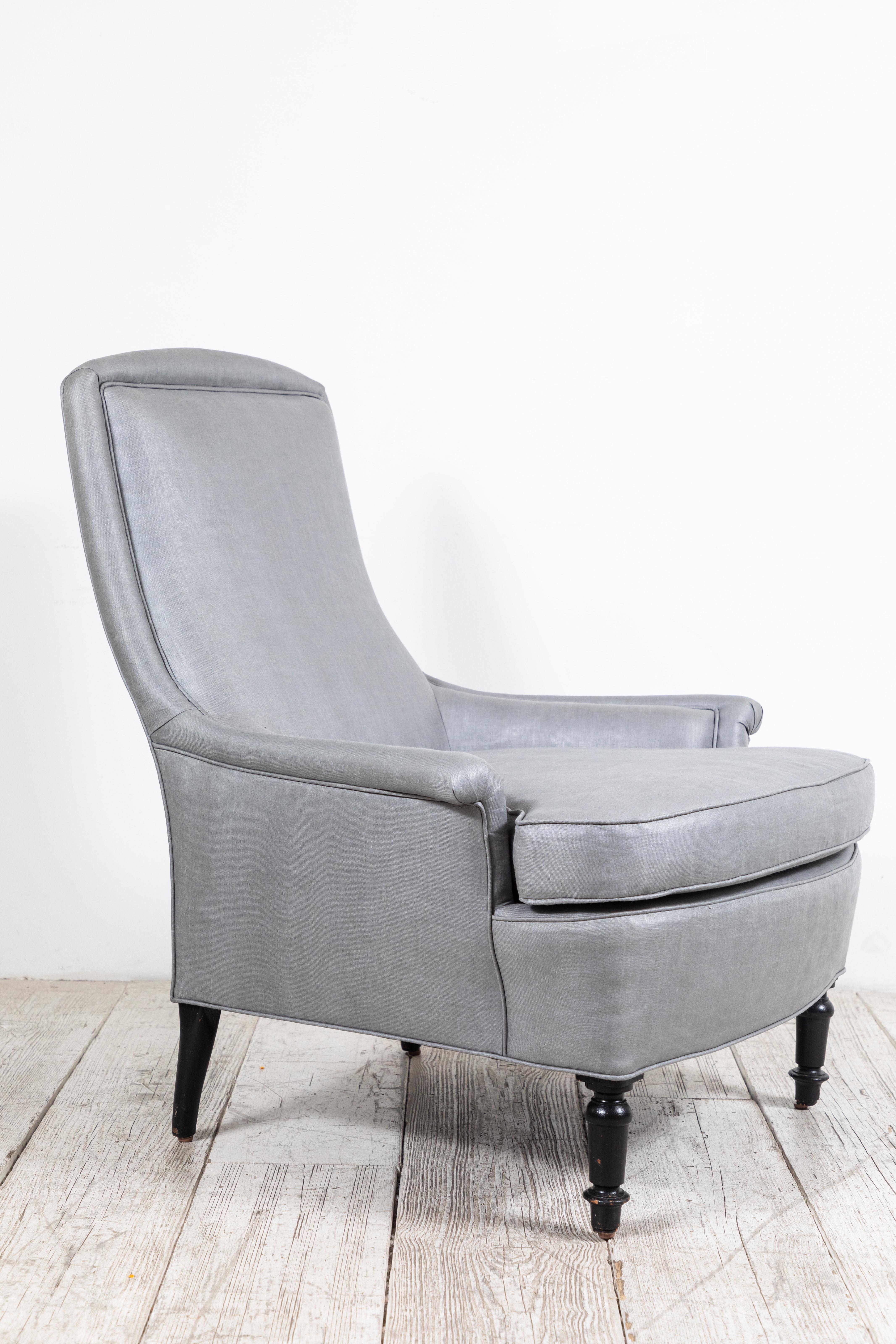 Pair of French Club Chairs Upholstered in Grey Beetled Linen Fabric 3