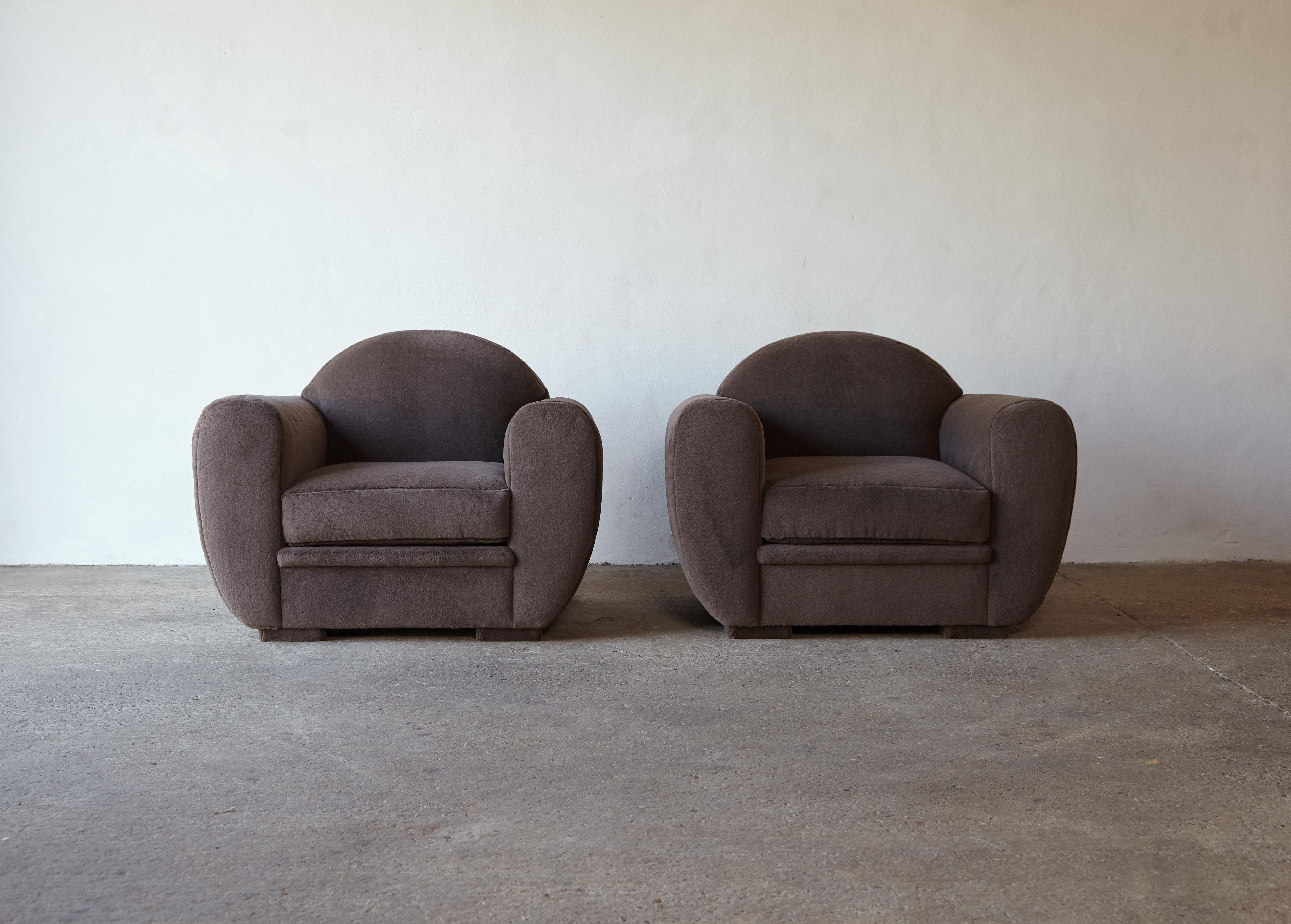 Art Deco Pair of French Club Chairs, Newly Upholstered in Pure Alpaca