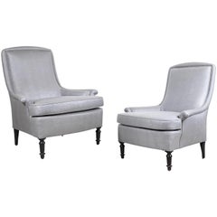 Pair of French Club Chairs Upholstered in Grey Beetled Linen Fabric