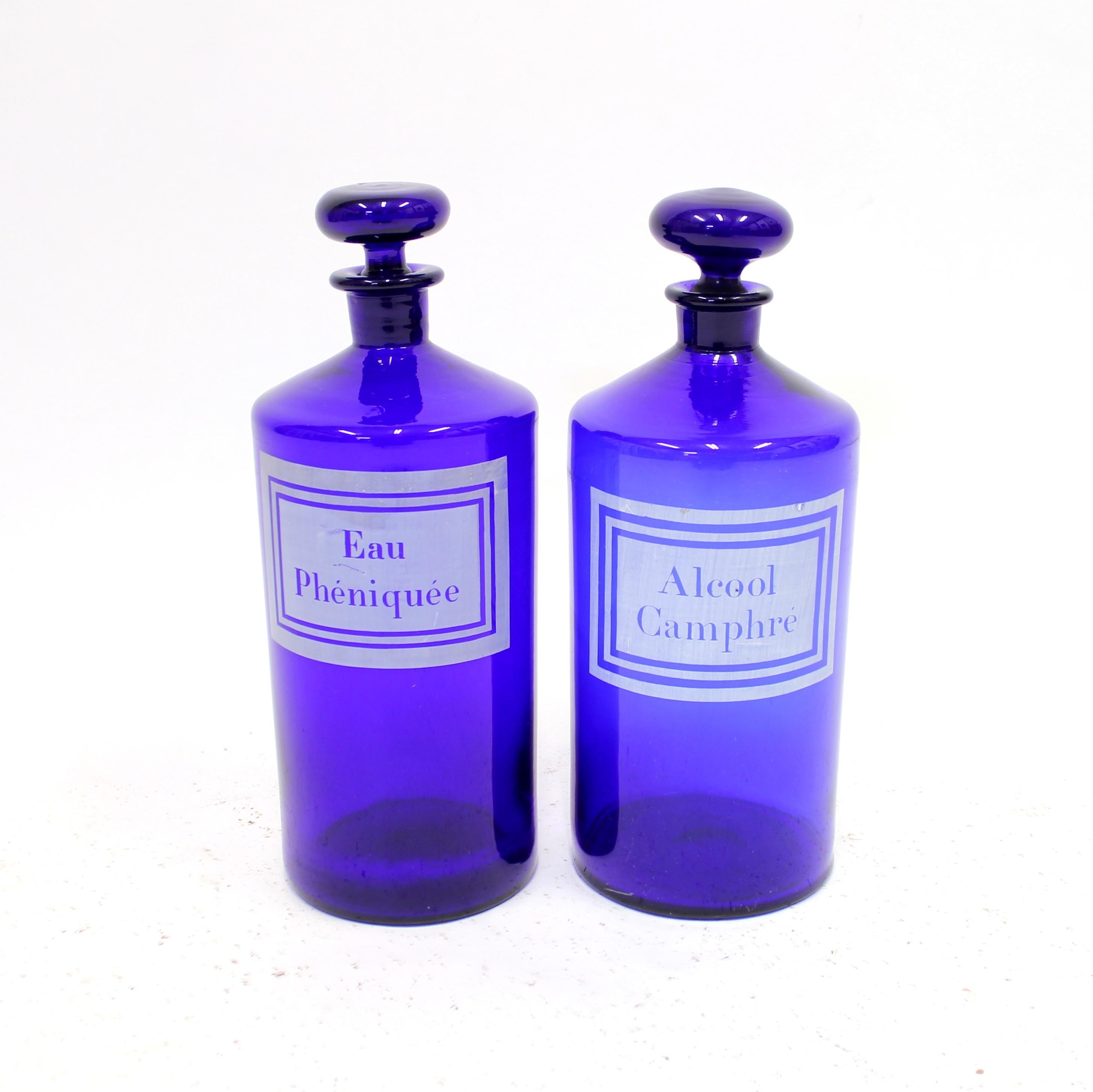 Industrial Pair of French Cobalt Blue Apothecary Bottles, Early 20th Century