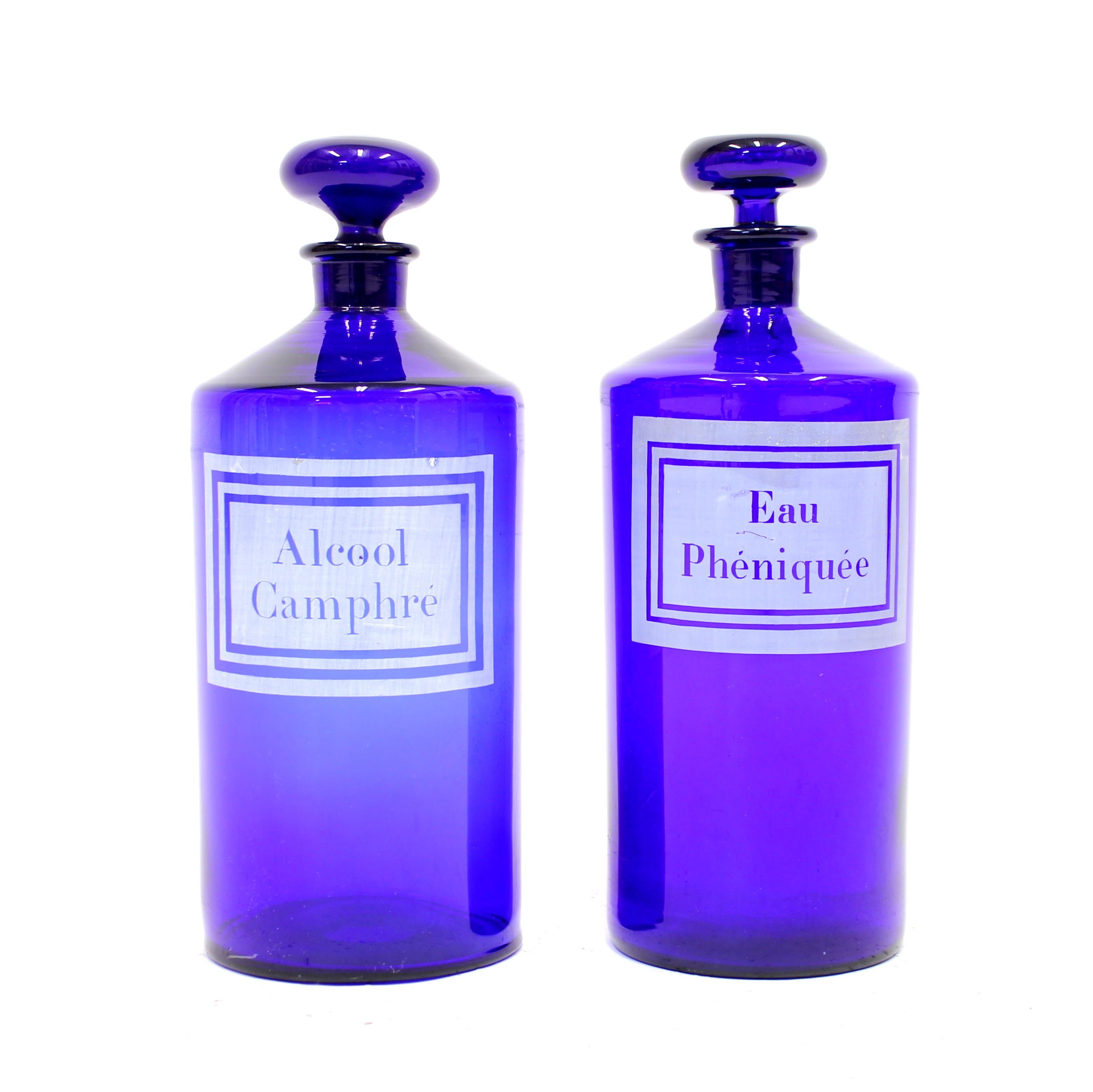 Glass Pair of French Cobalt Blue Apothecary Bottles, Early 20th Century