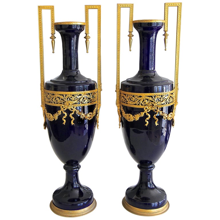 Pair of French Cobalt Blue Gilt Bronze Ormolu-Mounted Urns For Sale