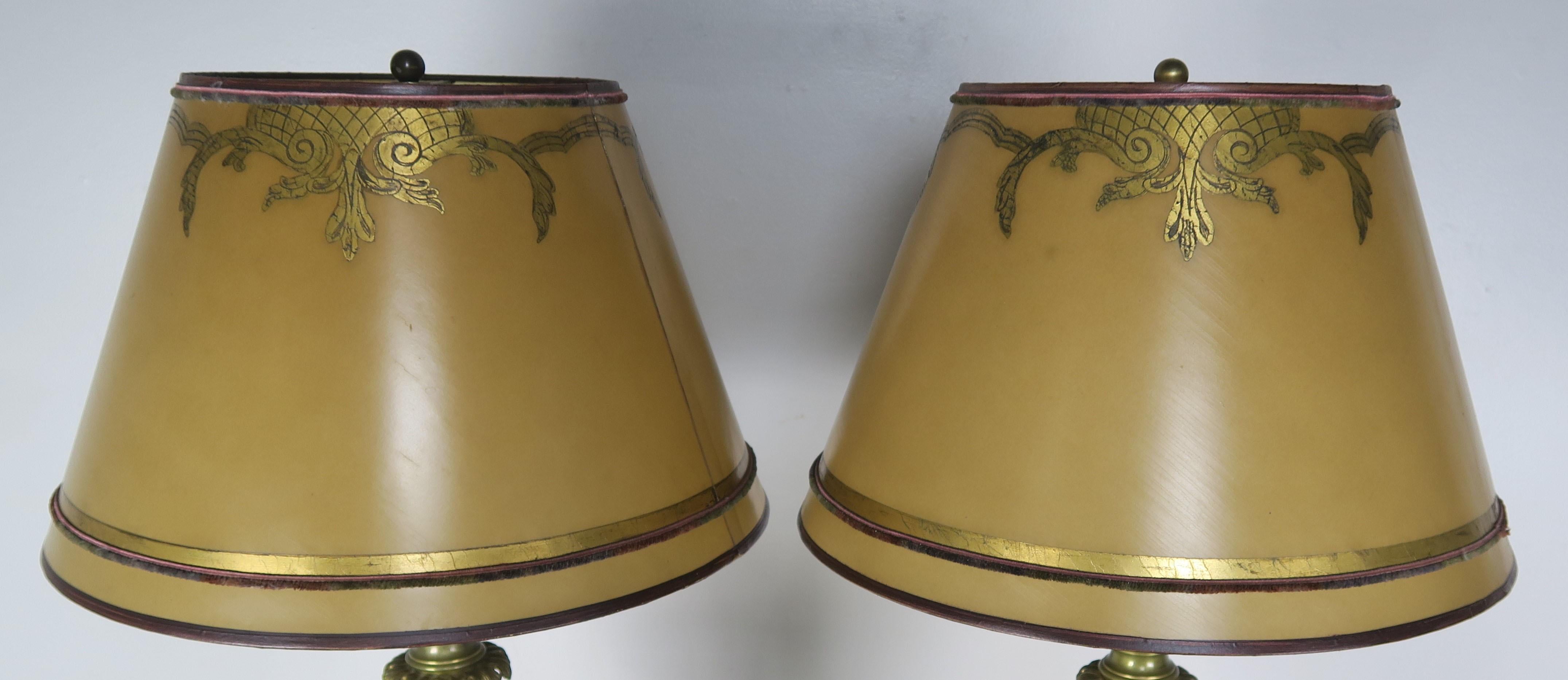 Early 20th Century Pair of French Cobalt Blue Porcelain and Bronze Lamps with Parchment Shades