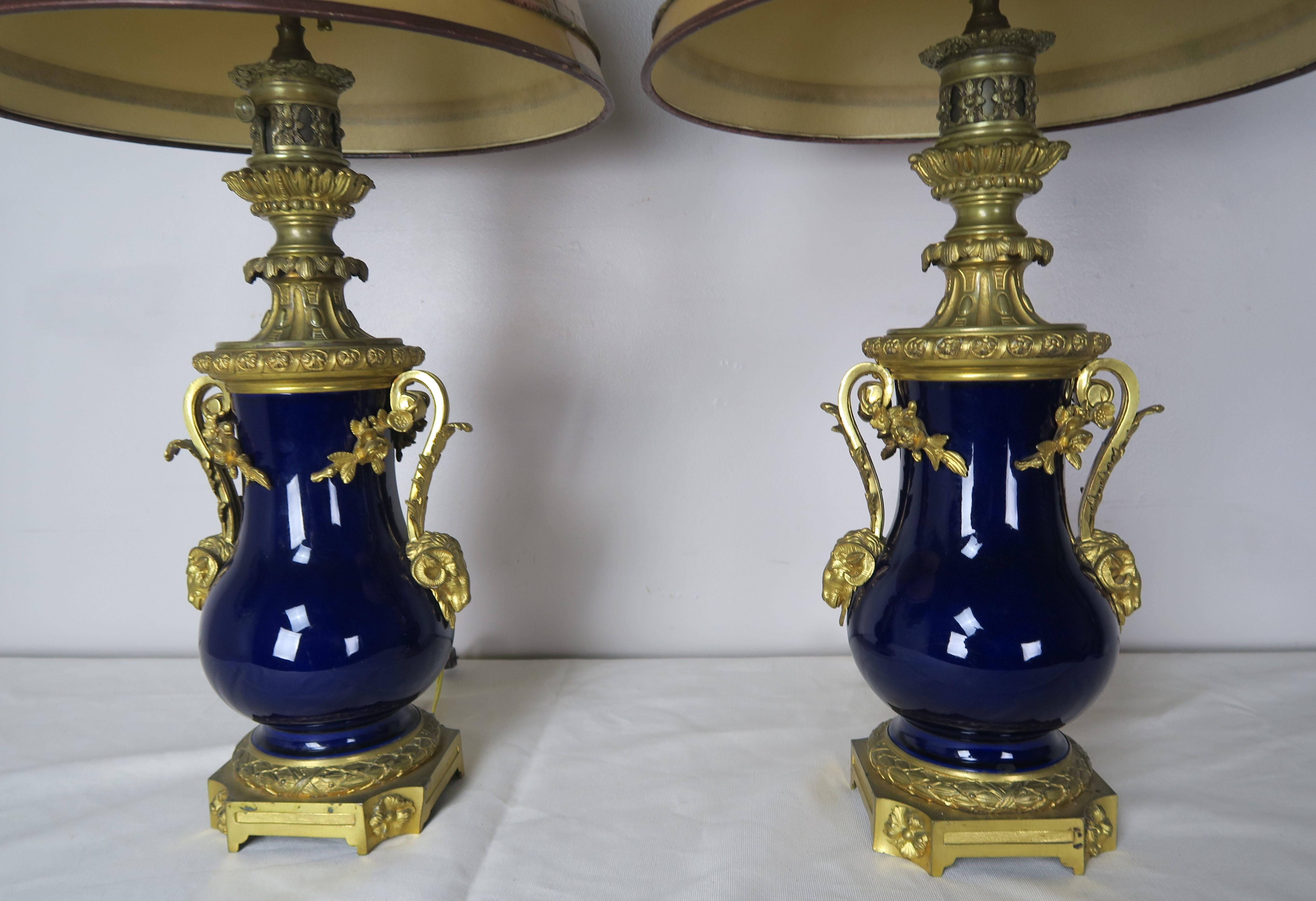 Pair of French Cobalt Blue Porcelain and Bronze Lamps with Parchment Shades 1