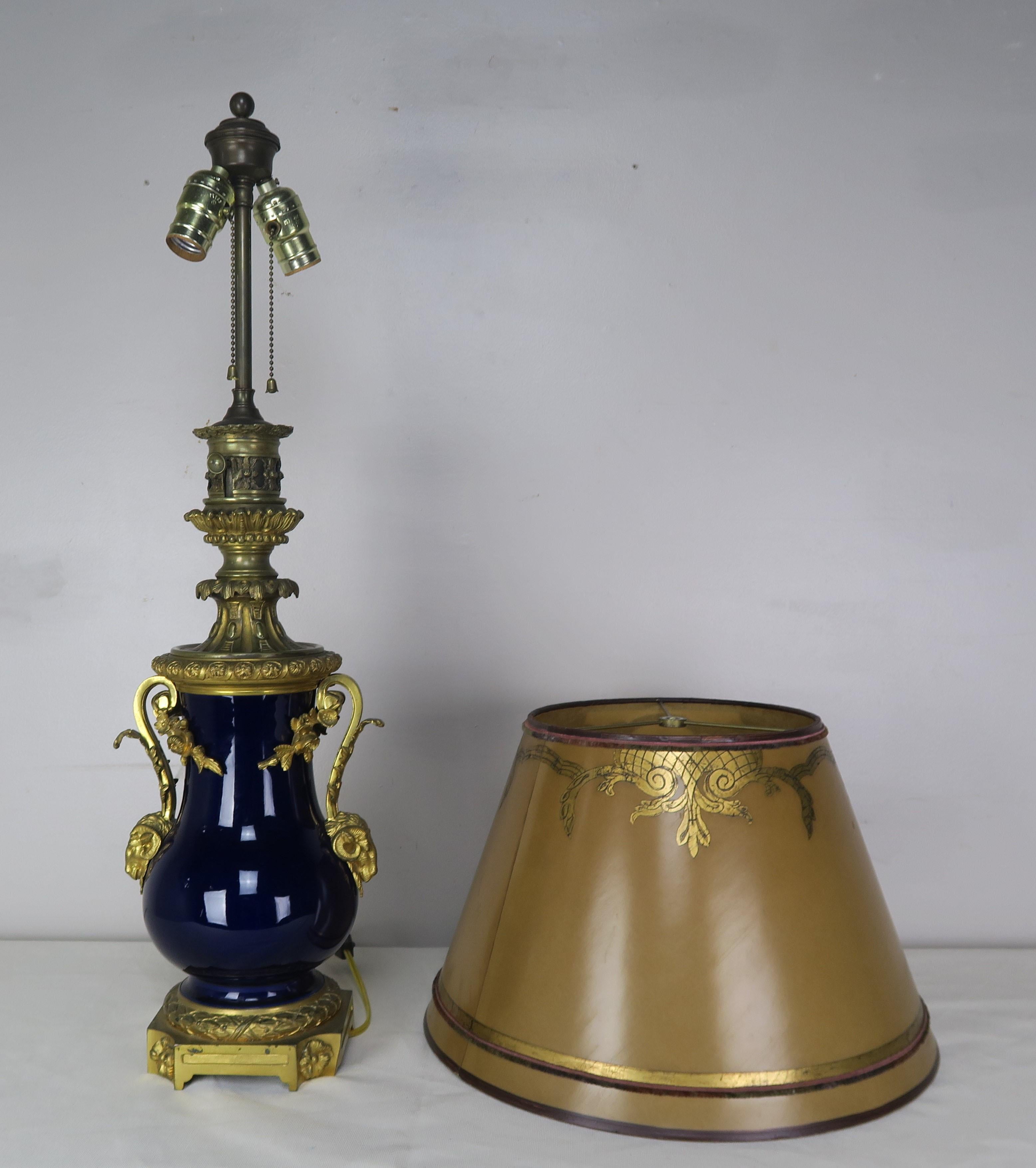 Pair of French Cobalt Blue Porcelain and Bronze Lamps with Parchment Shades 2