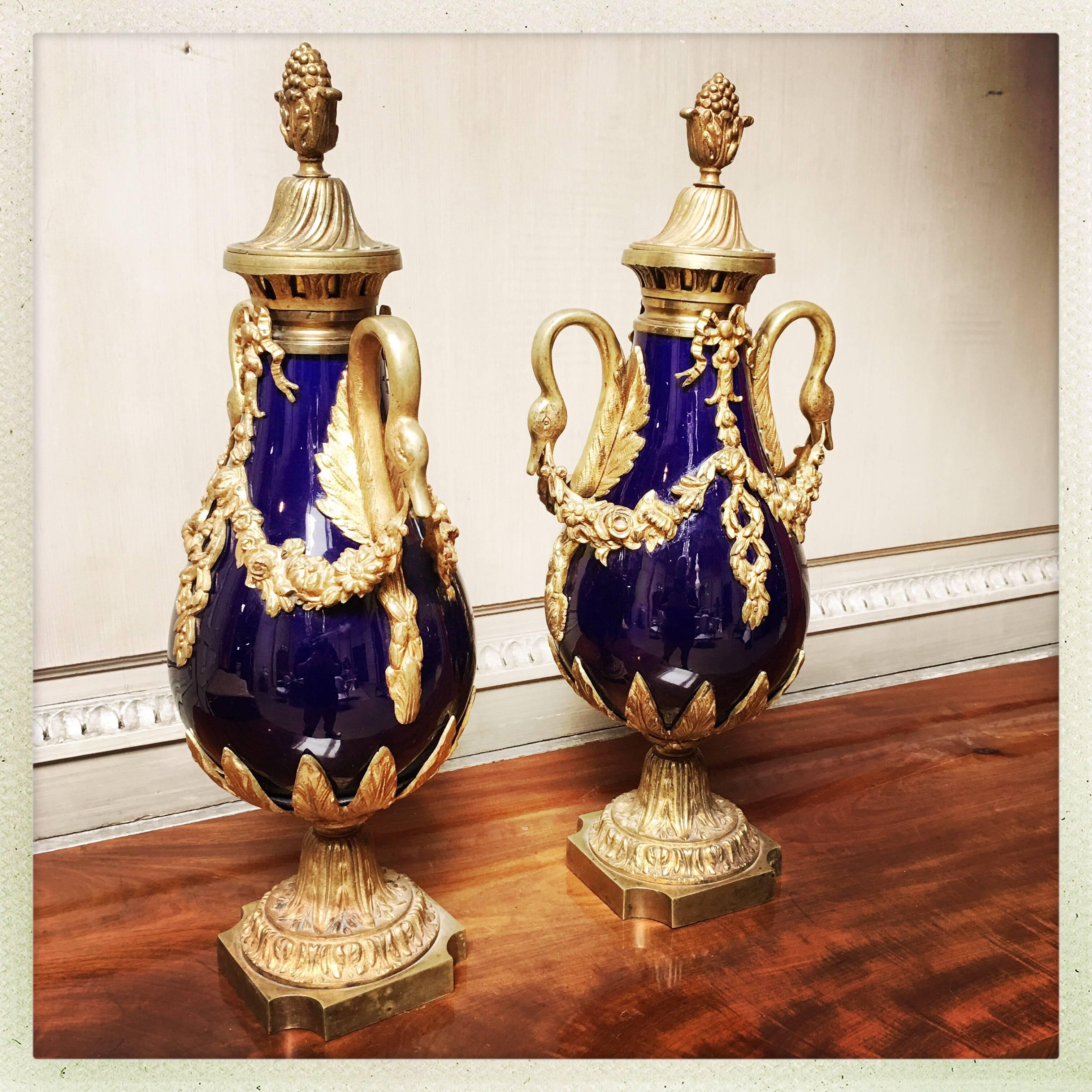 Louis XVI Pair of French Cobalt Porcelain and Bronze-Mounted Cassolettes For Sale