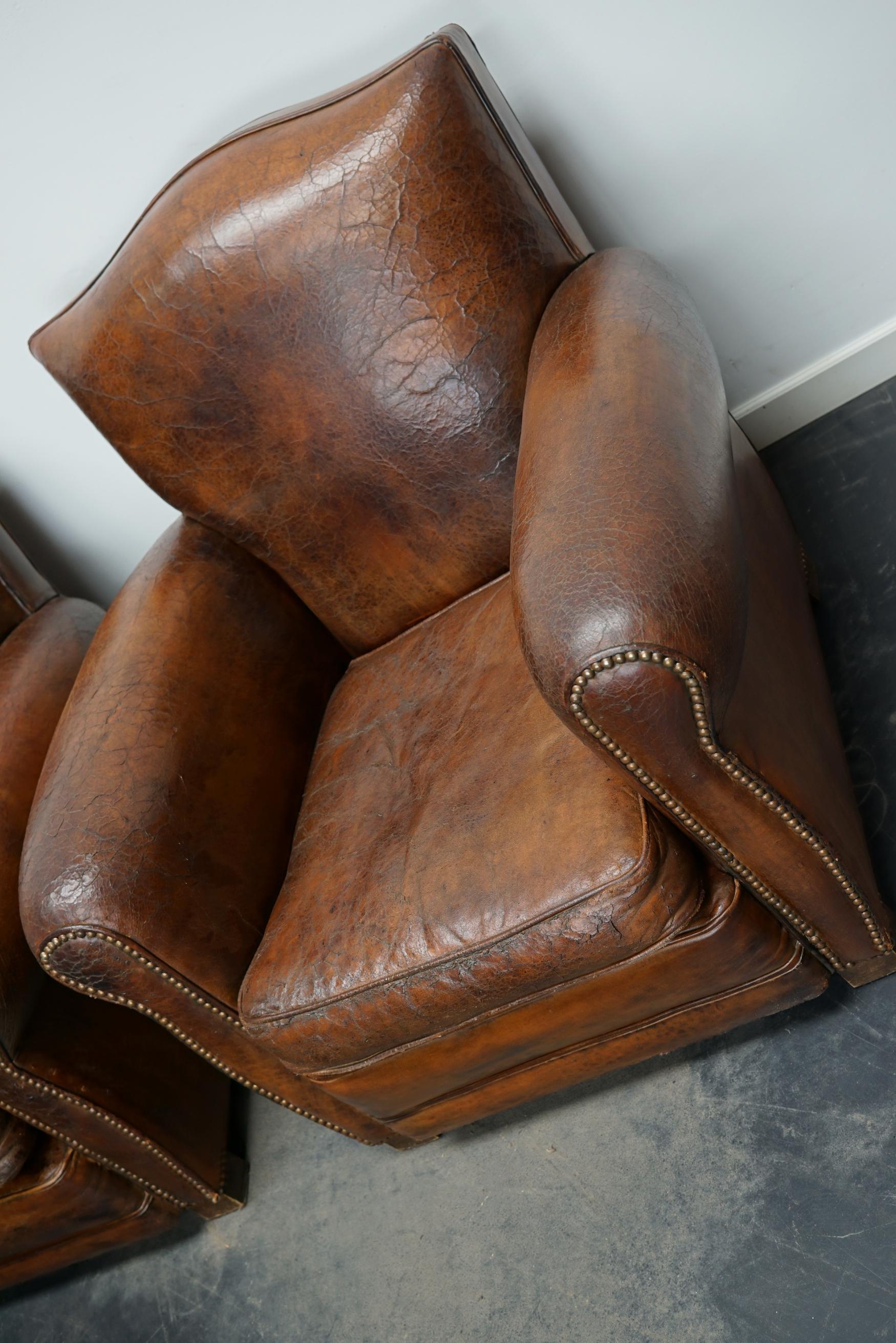Pair of French Cognac Moustache Back Leather Club Chairs, 1940s 5