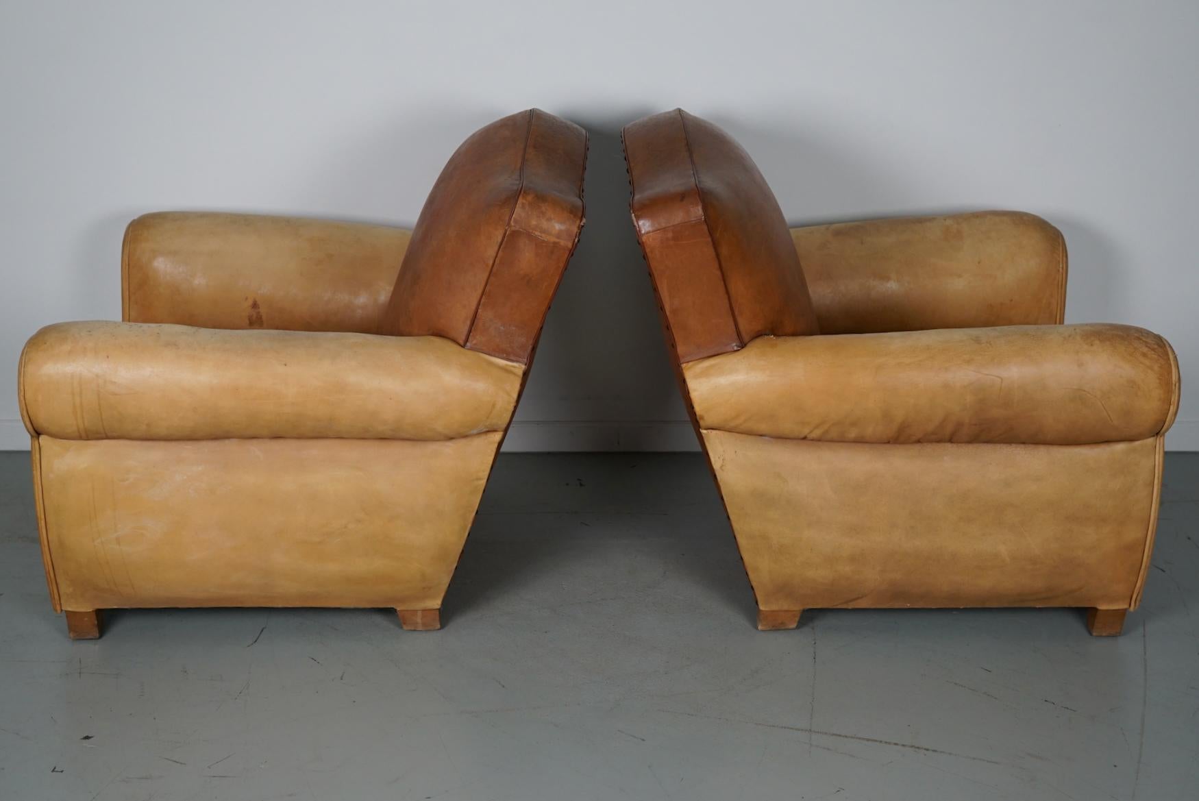  Pair of French Cognac Moustache Back Leather Club Chairs, 1940s For Sale 6