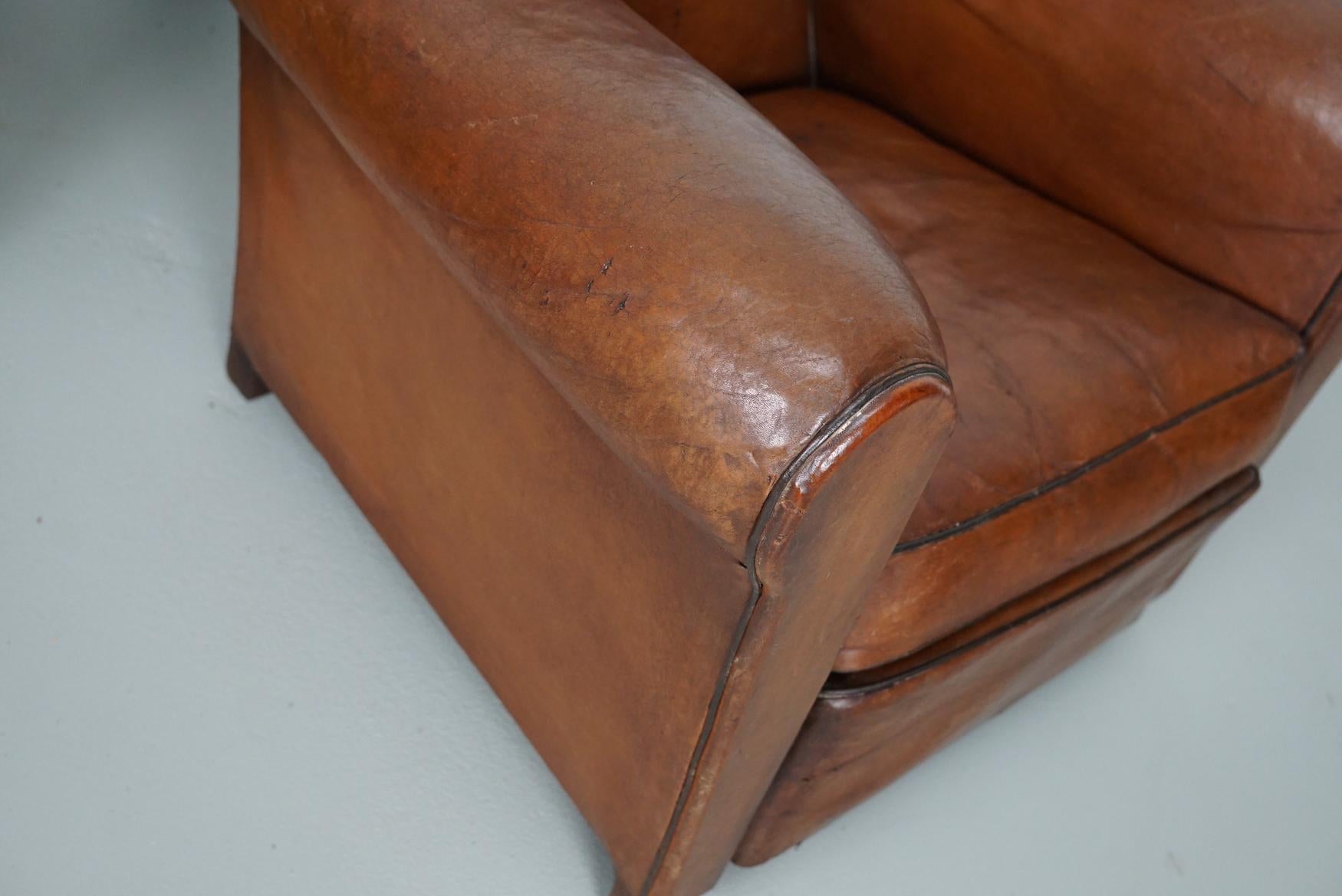 Pair of French Cognac Moustache Back Leather Club Chairs, 1940s 5