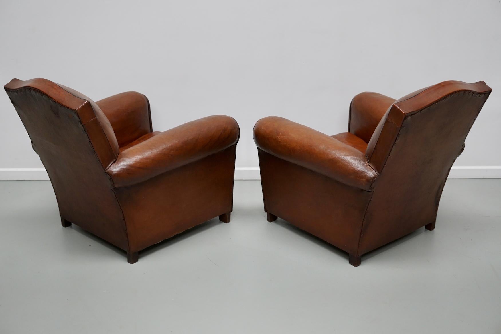 Pair of French Cognac Moustache Back Leather Club Chairs, 1940s 6