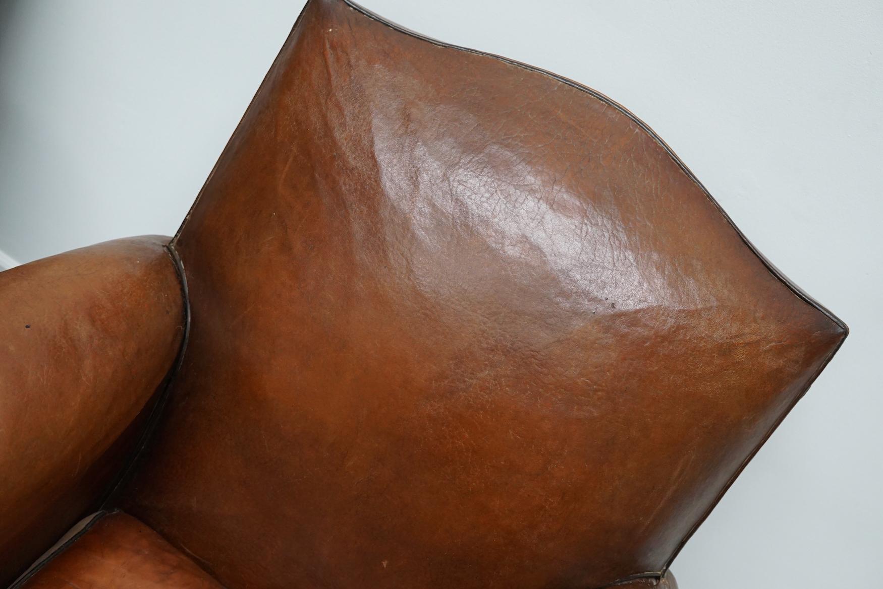 Pair of French Cognac Moustache Back Leather Club Chairs, 1940s 7