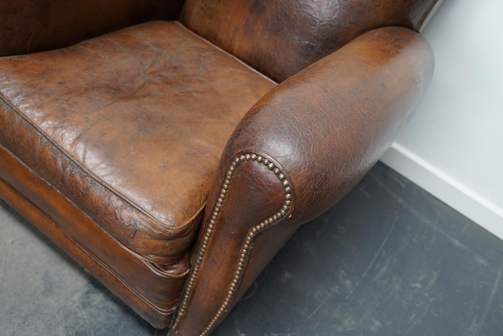 Pair of French Cognac Moustache Back Leather Club Chairs, 1940s 7