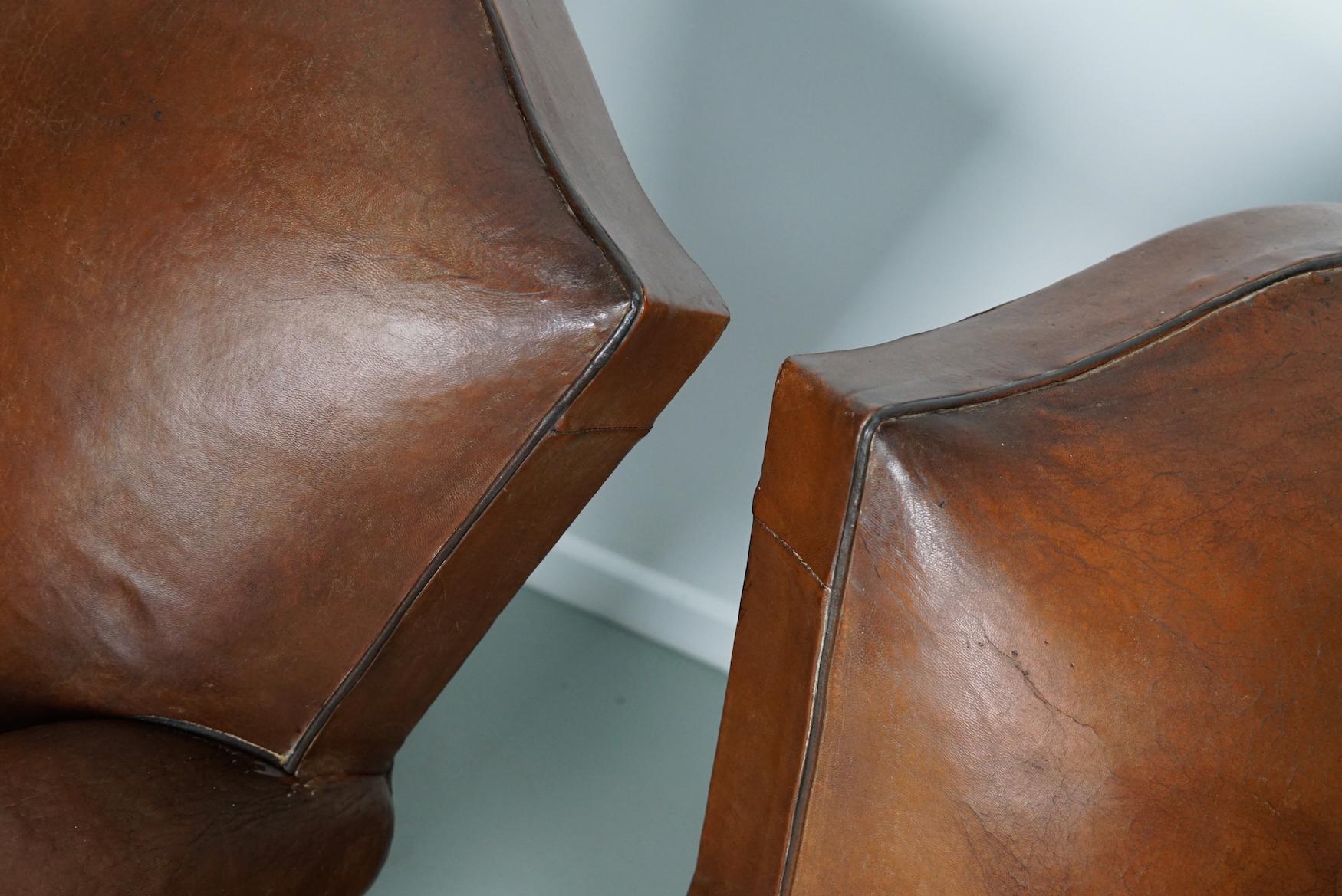 Pair of French Cognac Moustache Back Leather Club Chairs, 1940s For Sale 7
