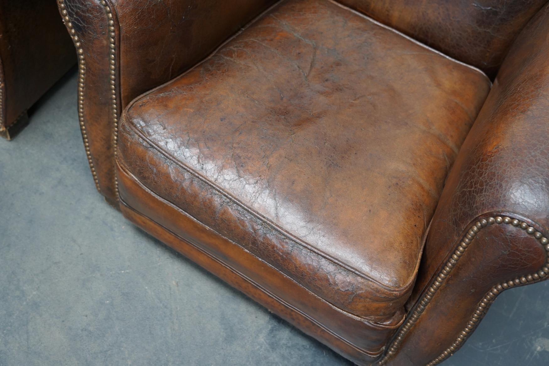 Pair of French Cognac Moustache Back Leather Club Chairs, 1940s 8