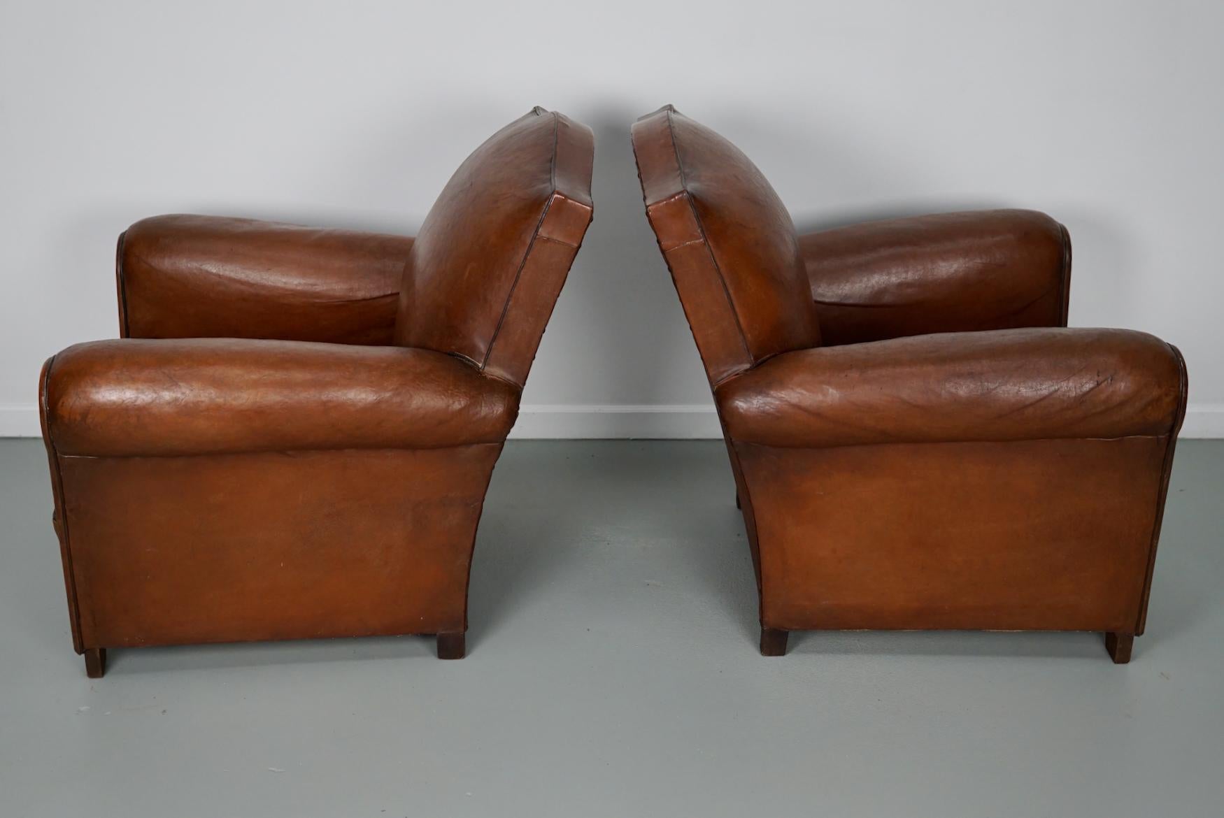 Pair of French Cognac Moustache Back Leather Club Chairs, 1940s For Sale 8
