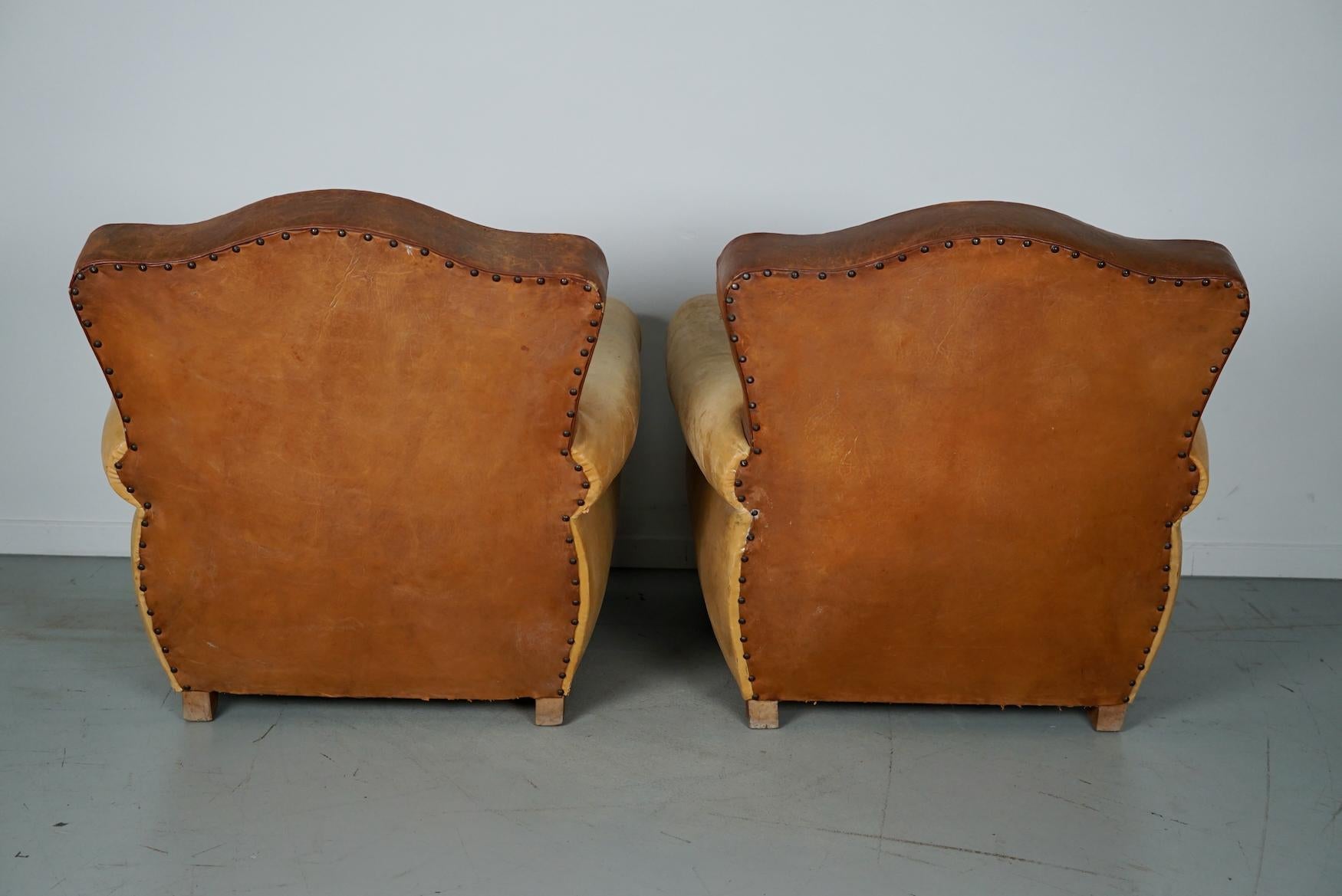  Pair of French Cognac Moustache Back Leather Club Chairs, 1940s For Sale 10