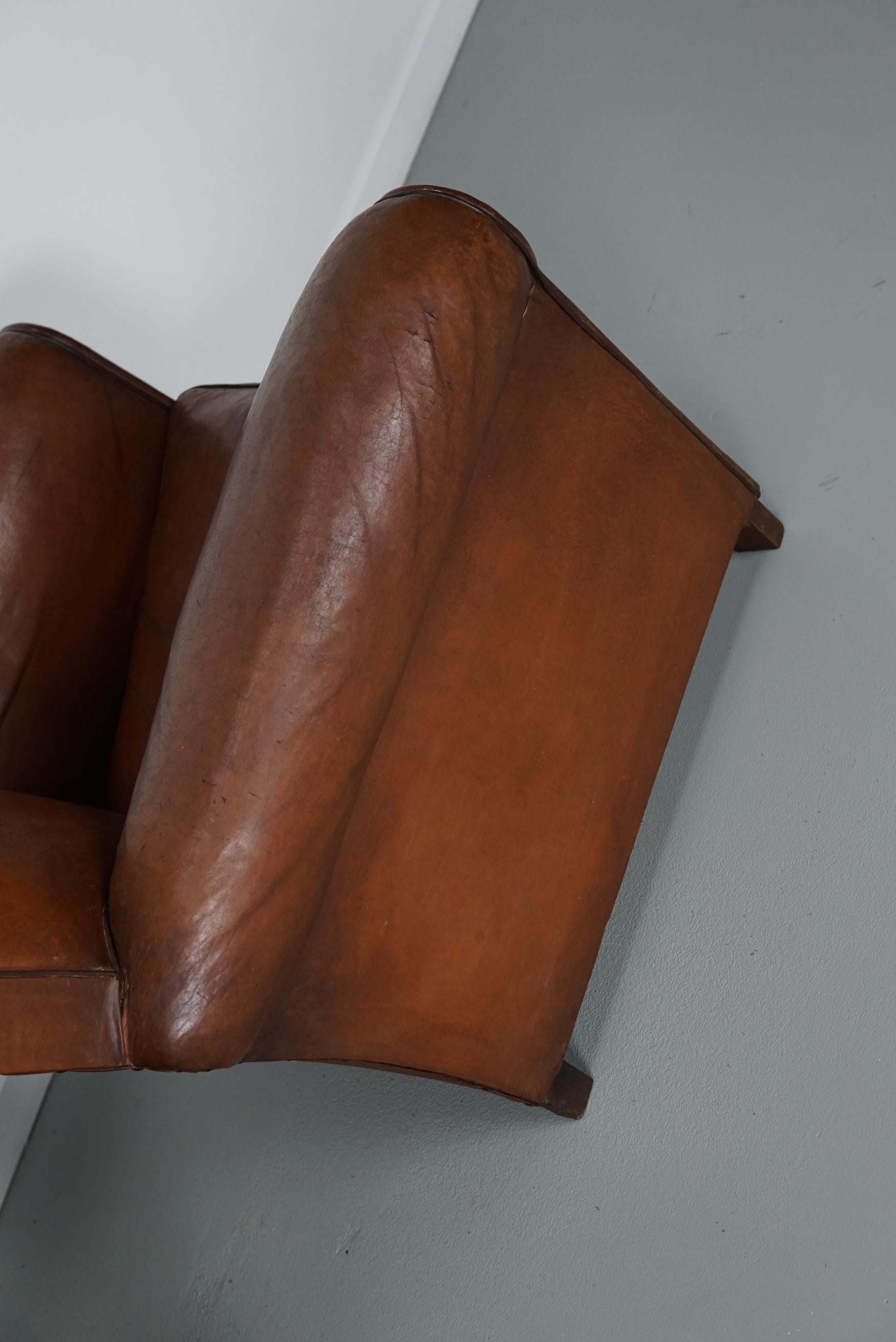 Pair of French Cognac Moustache Back Leather Club Chairs, 1940s 9
