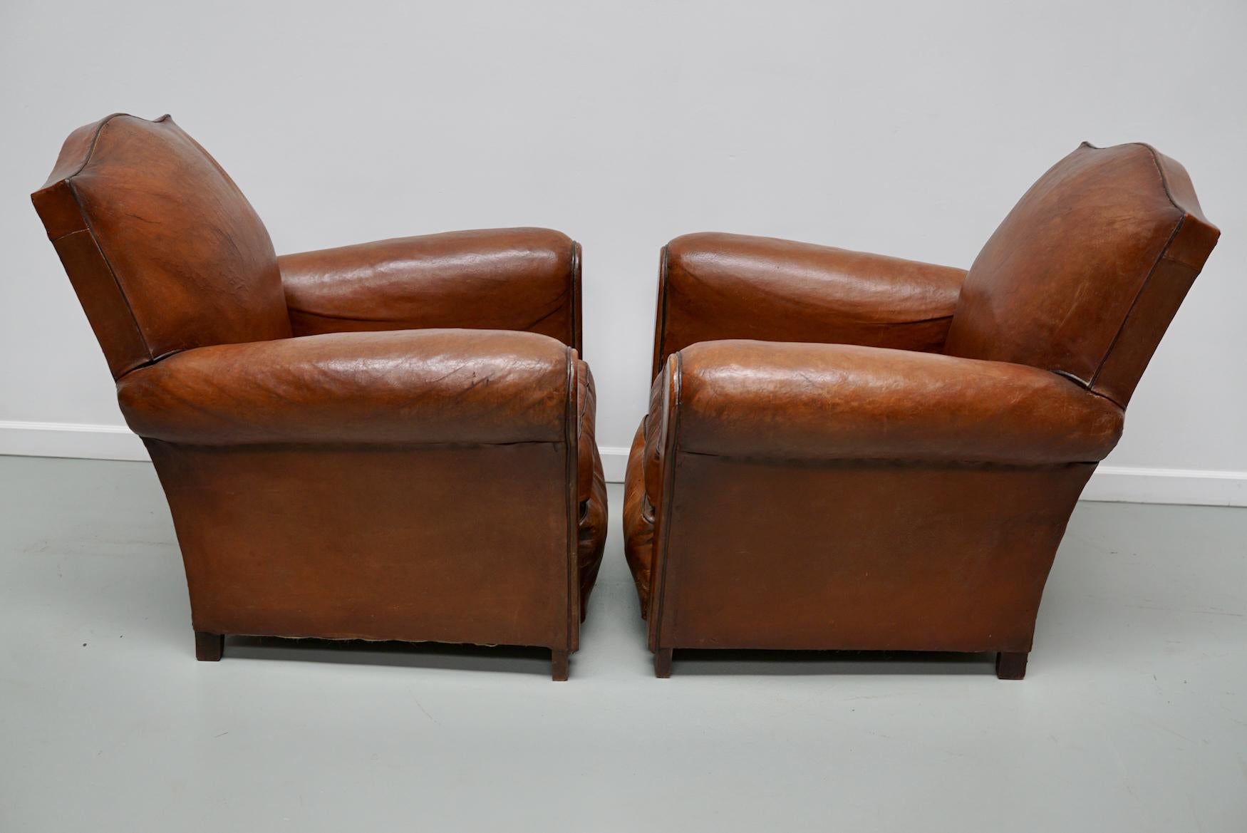 Pair of French Cognac Moustache Back Leather Club Chairs, 1940s 10