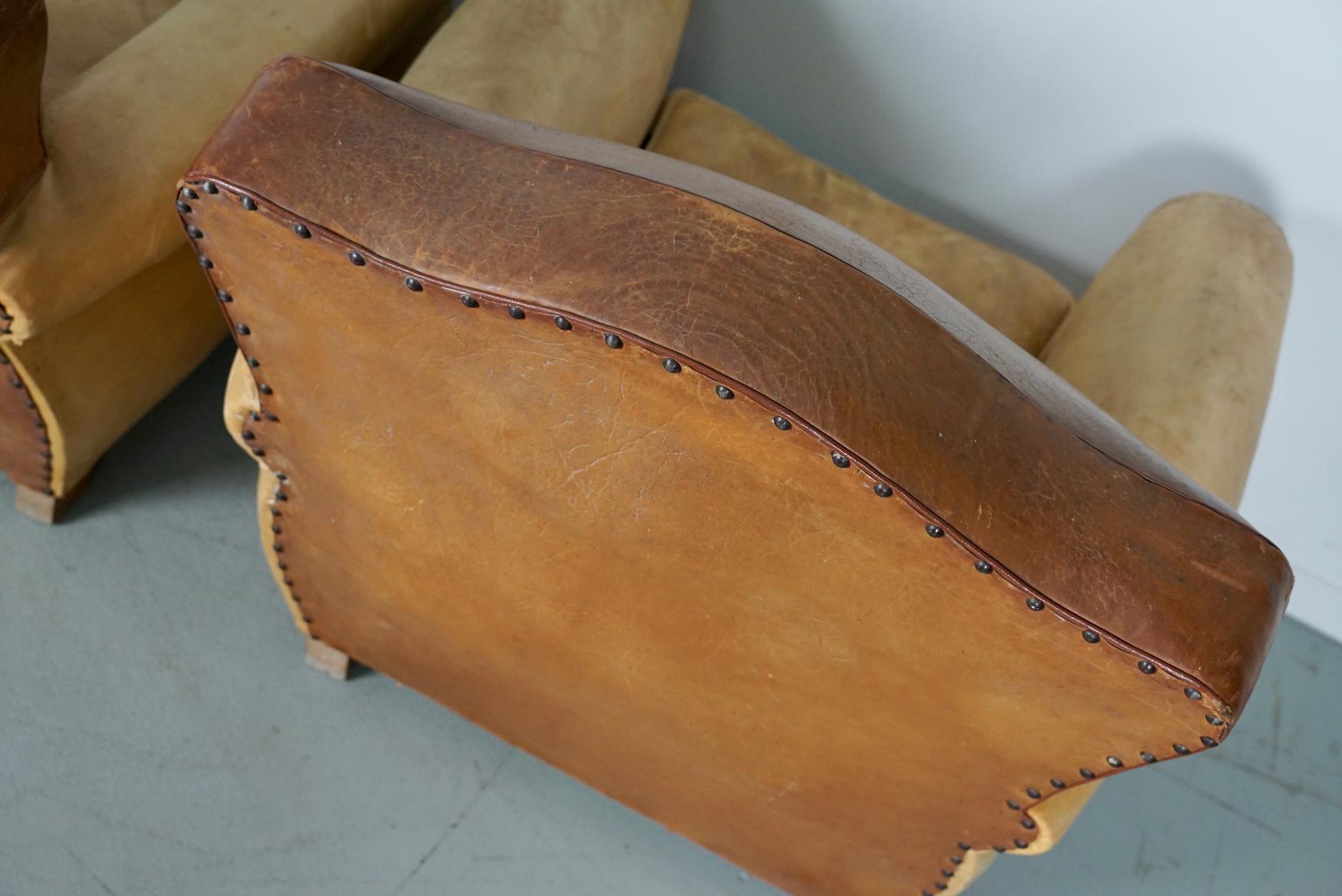 Pair of French Cognac Moustache Back Leather Club Chairs, 1940s For Sale 10