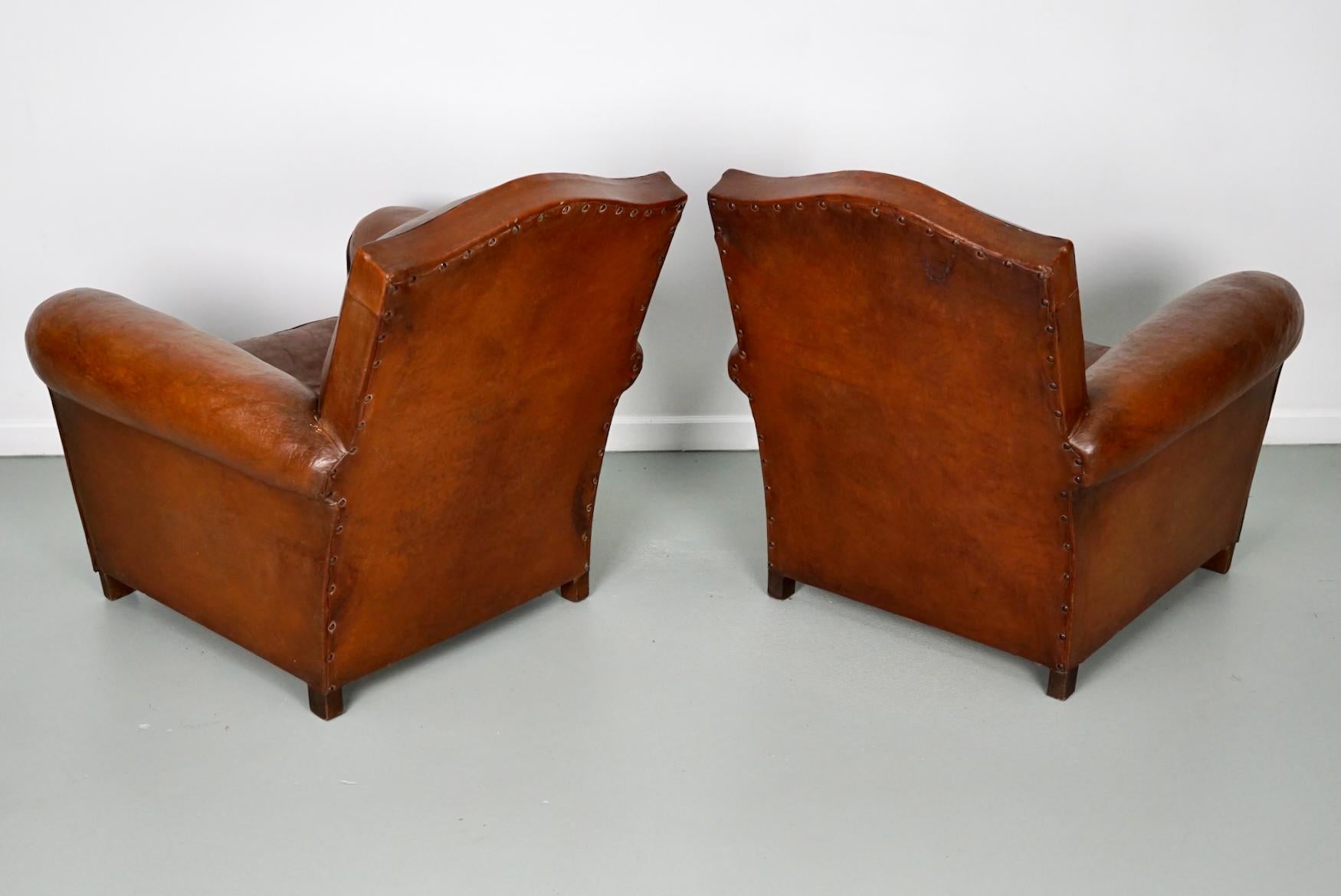 Pair of French Cognac Moustache Back Leather Club Chairs, 1940s 10