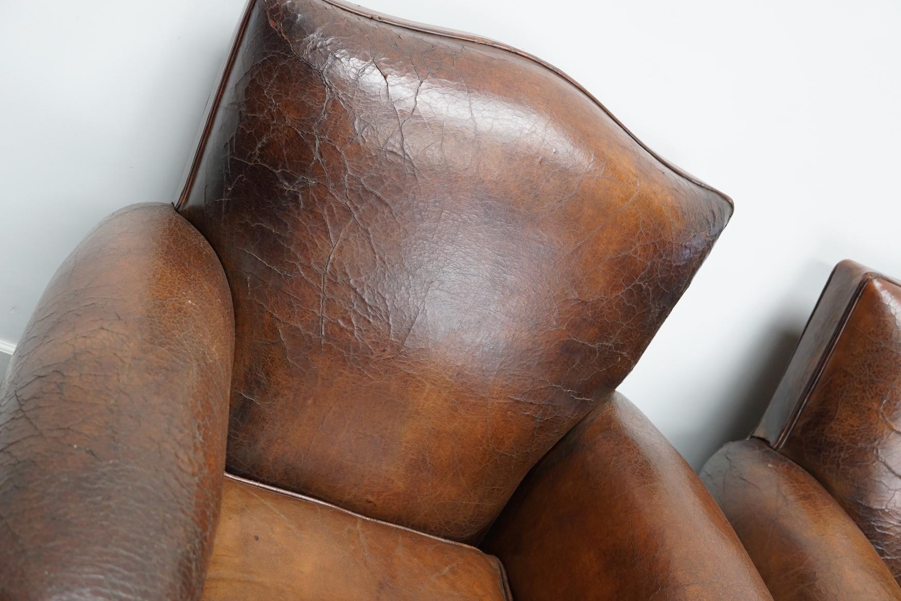Pair of French Cognac Moustache Back Leather Club Chairs, 1940s 11