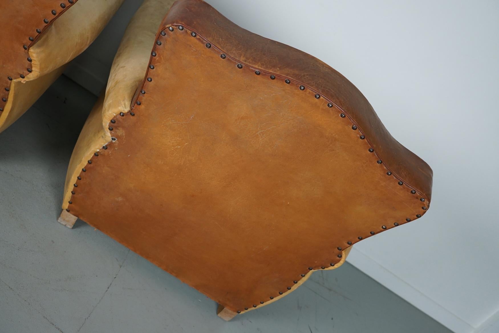 Pair of French Cognac Moustache Back Leather Club Chairs, 1940s For Sale 12