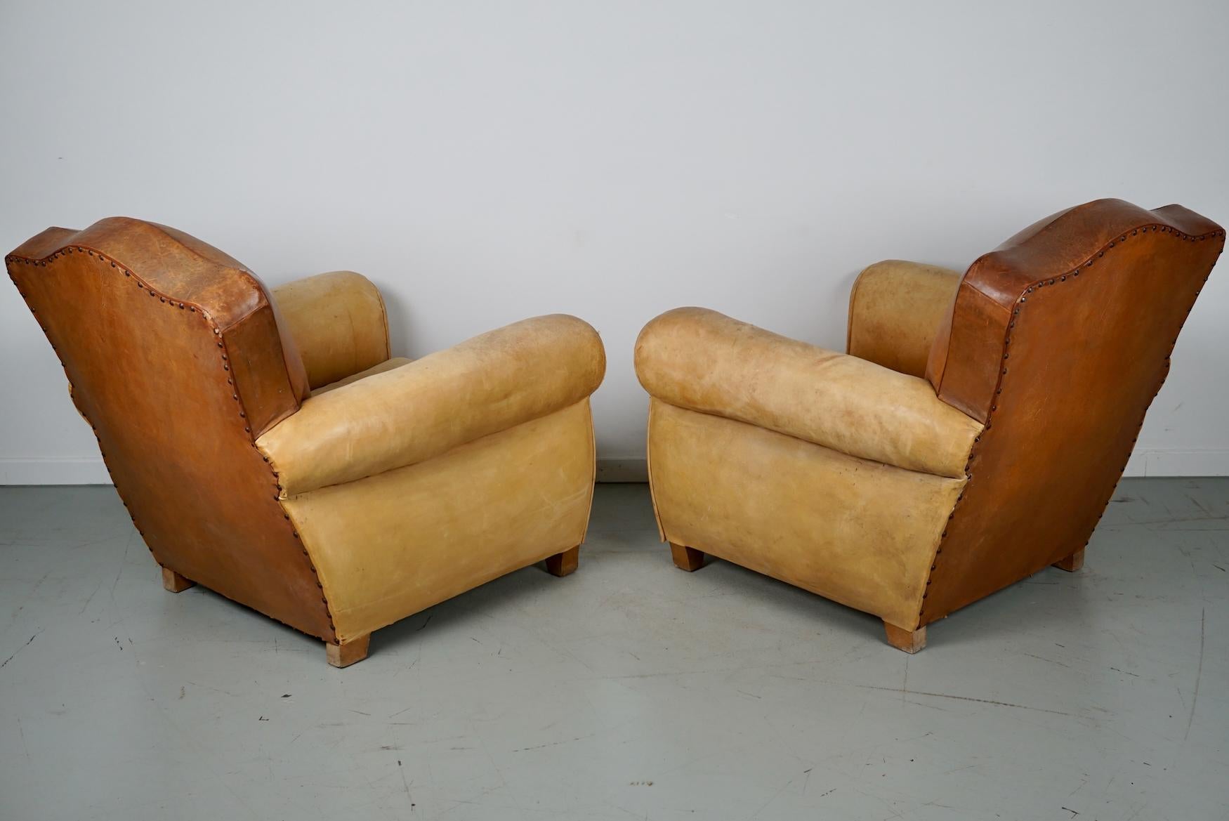 Pair of French Cognac Moustache Back Leather Club Chairs, 1940s For Sale 13
