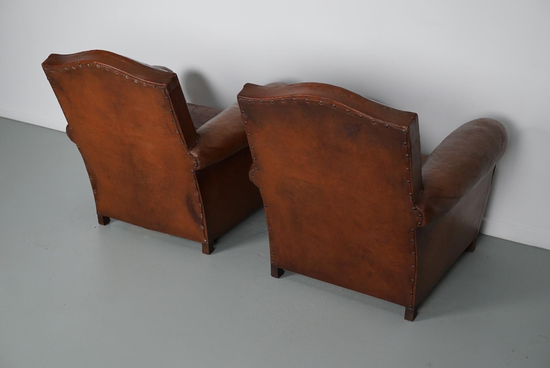 Pair of French Cognac Moustache Back Leather Club Chairs, 1940s For Sale 12