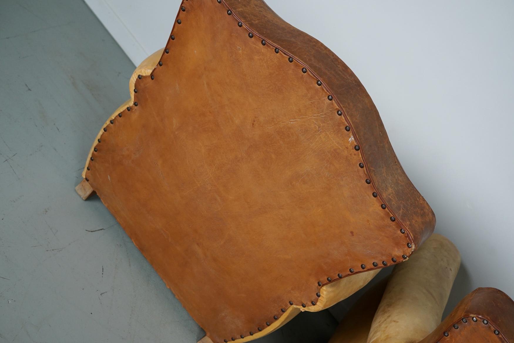 Pair of French Cognac Moustache Back Leather Club Chairs, 1940s For Sale 13