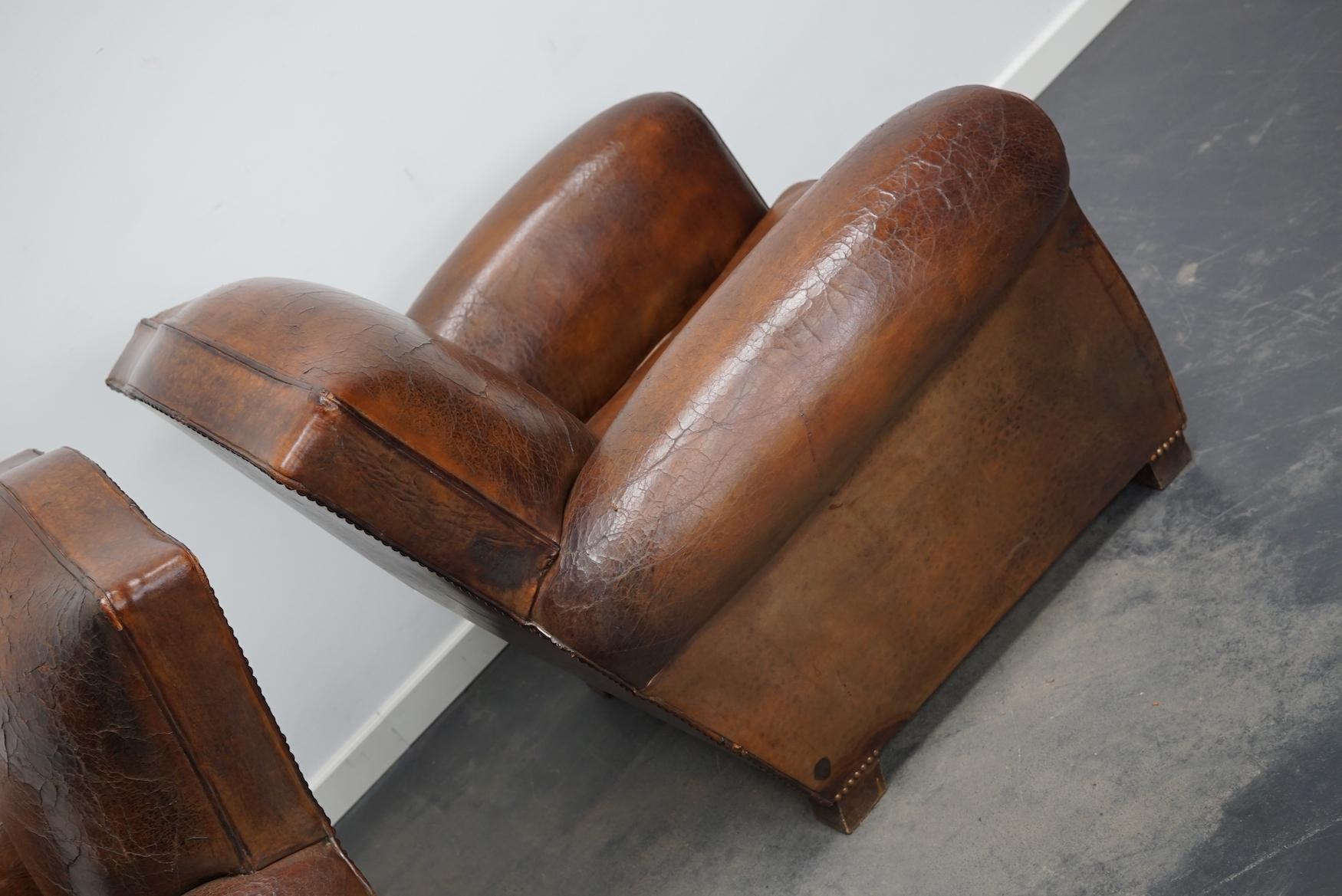 Pair of French Cognac Moustache Back Leather Club Chairs, 1940s 13