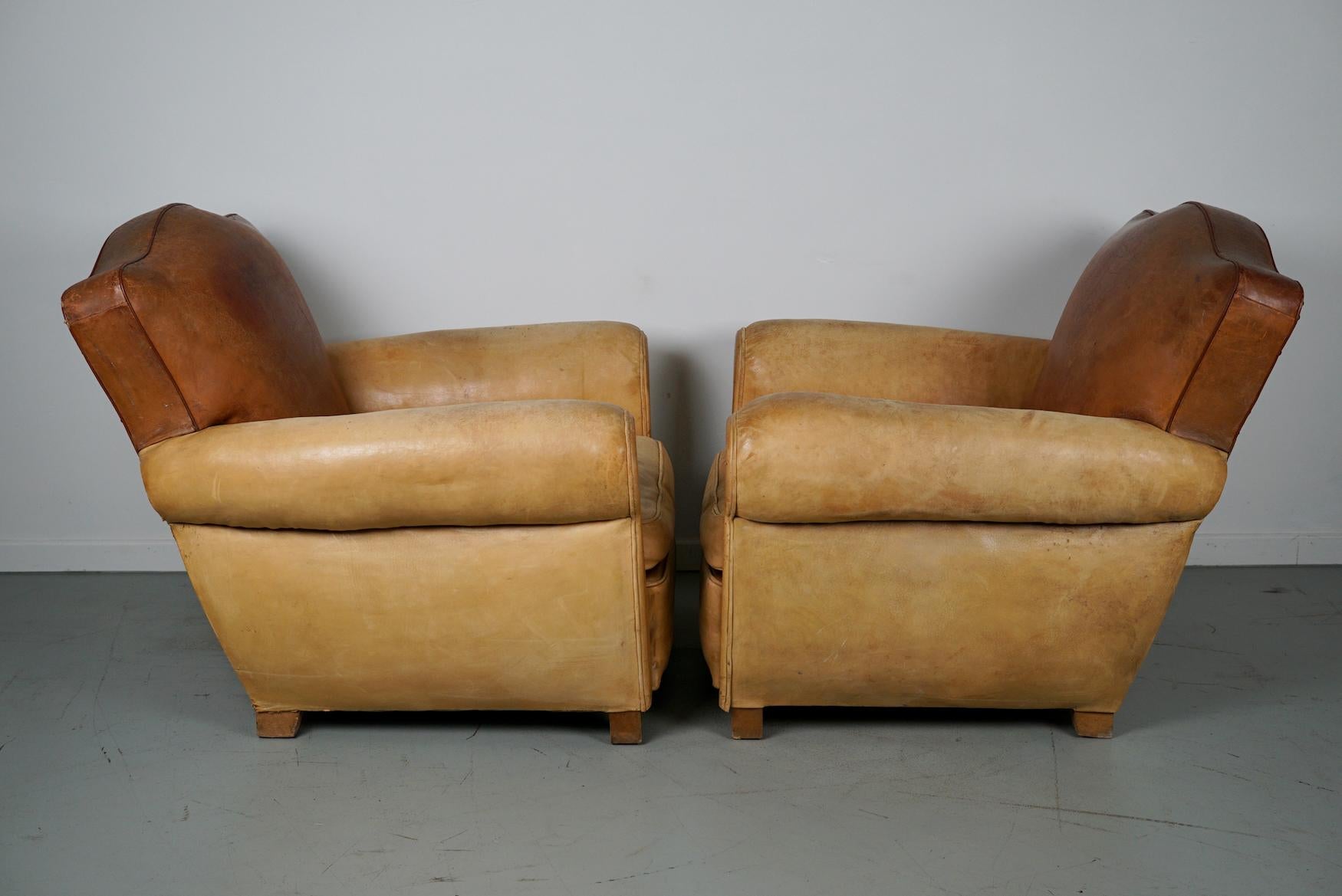  Pair of French Cognac Moustache Back Leather Club Chairs, 1940s For Sale 14