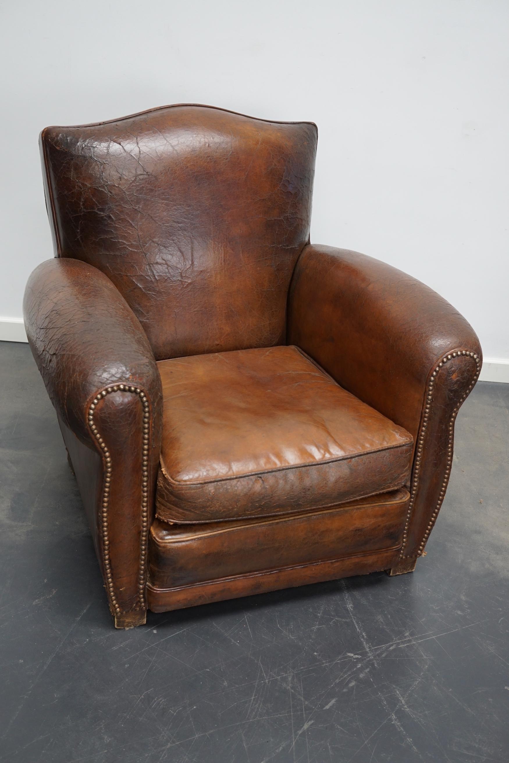 Pair of French Cognac Moustache Back Leather Club Chairs, 1940s 14