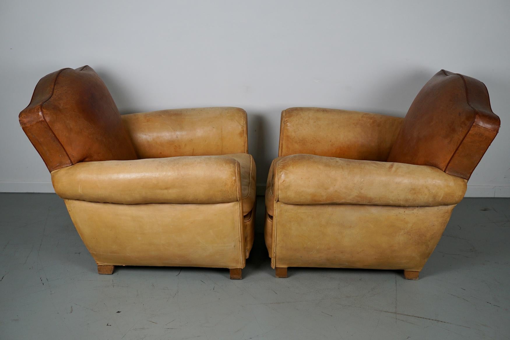  Pair of French Cognac Moustache Back Leather Club Chairs, 1940s For Sale 15