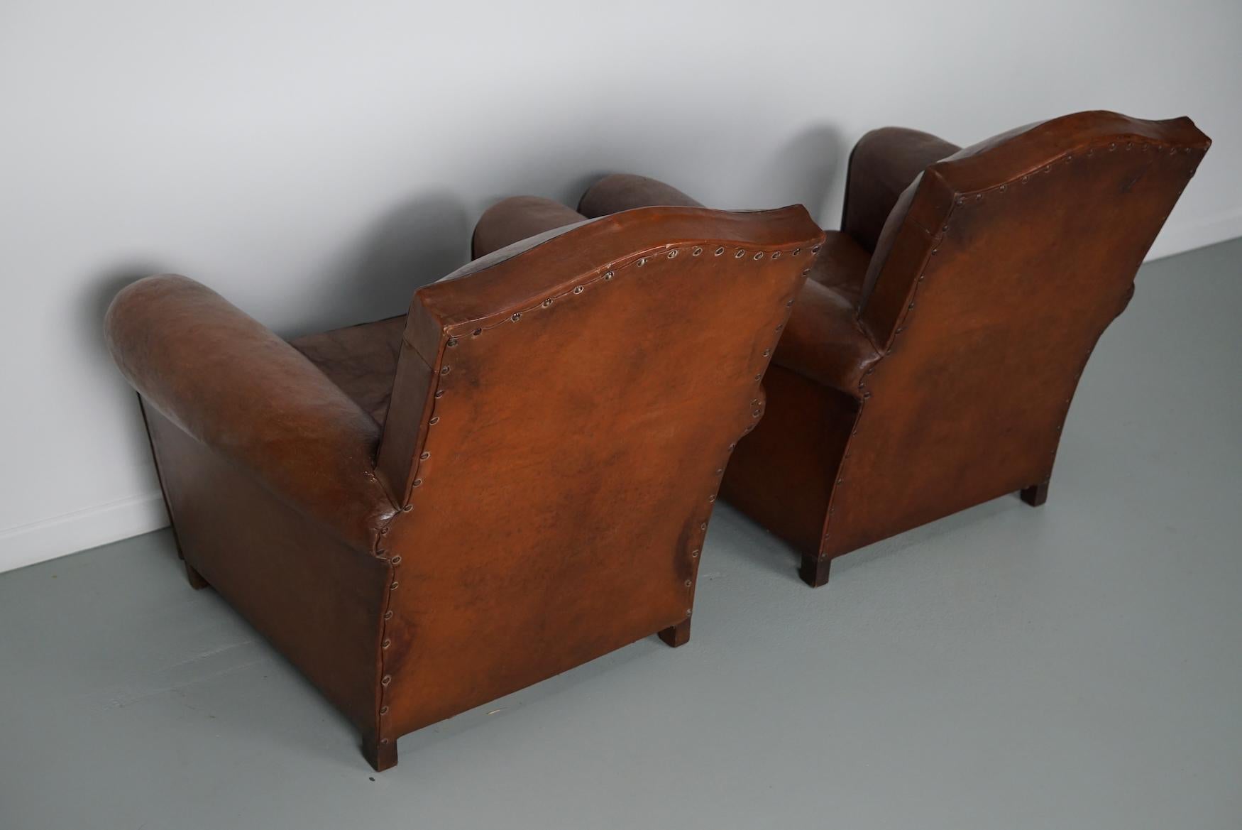 Pair of French Cognac Moustache Back Leather Club Chairs, 1940s For Sale 14