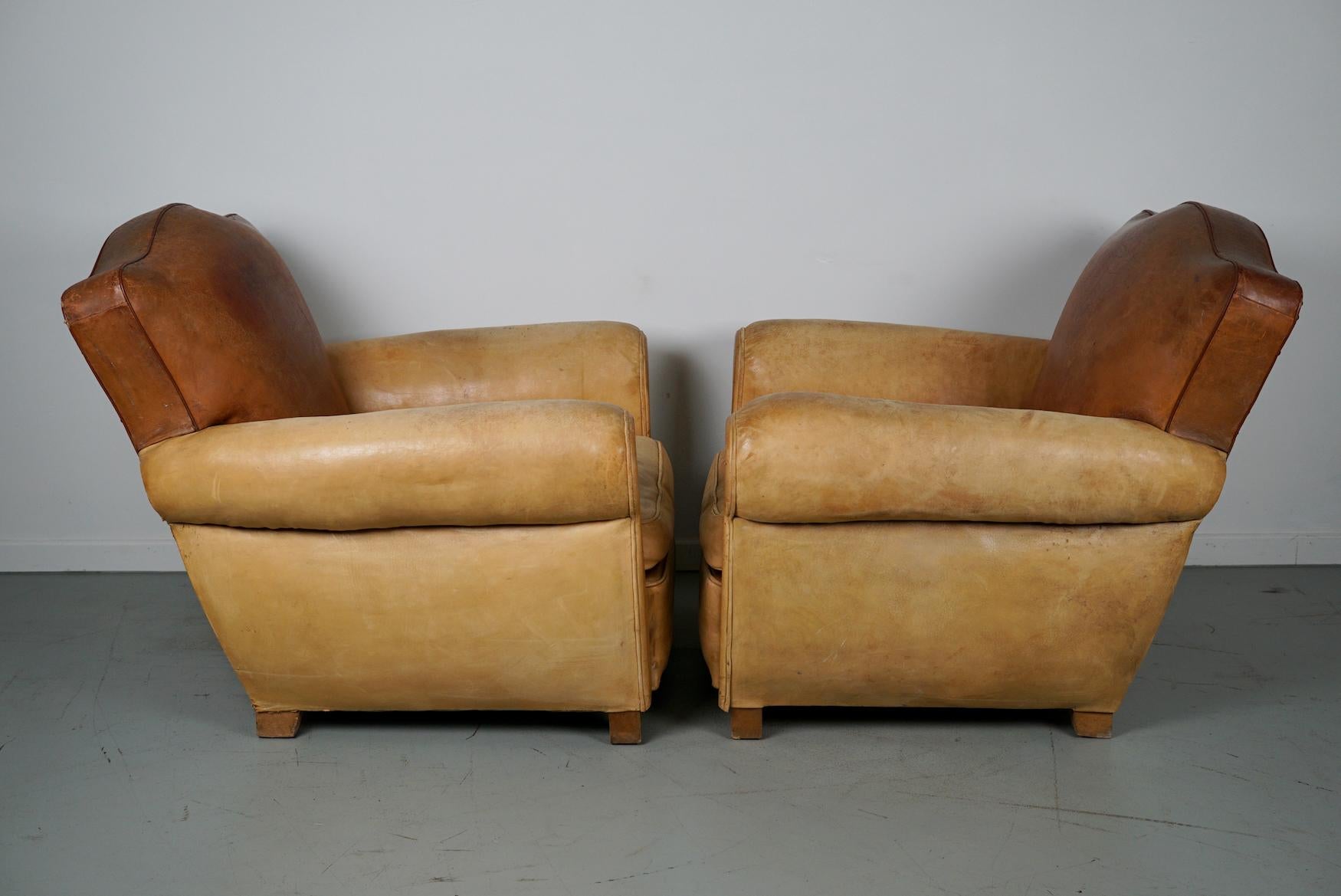 Pair of French Cognac Moustache Back Leather Club Chairs, 1940s For Sale 15