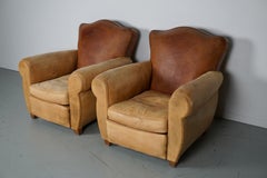 Pair of French Cognac Moustache Back Leather Club Chairs, 1940s