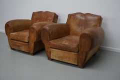 Pair of French Cognac Moustache Back Leather Club Chairs, 1940s